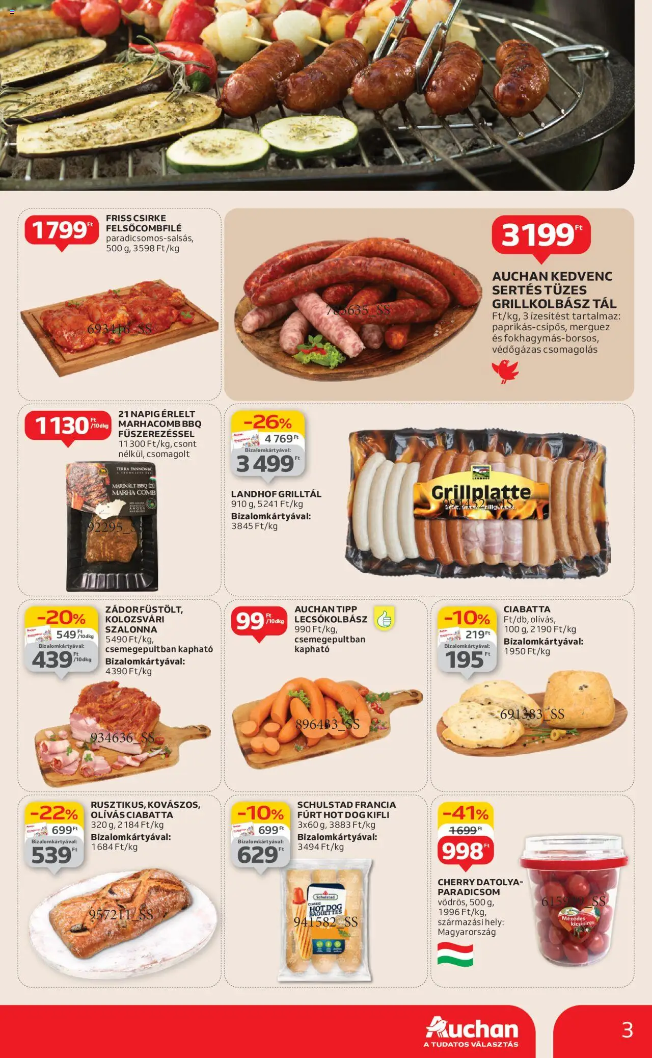 Auchan akciós ujság - amely érvényes a következő dátumtól: 12.06.2025 | Oldal: 3 | Termékek: Hot dog, Ciabatta, Szalonna, Marhacomb
