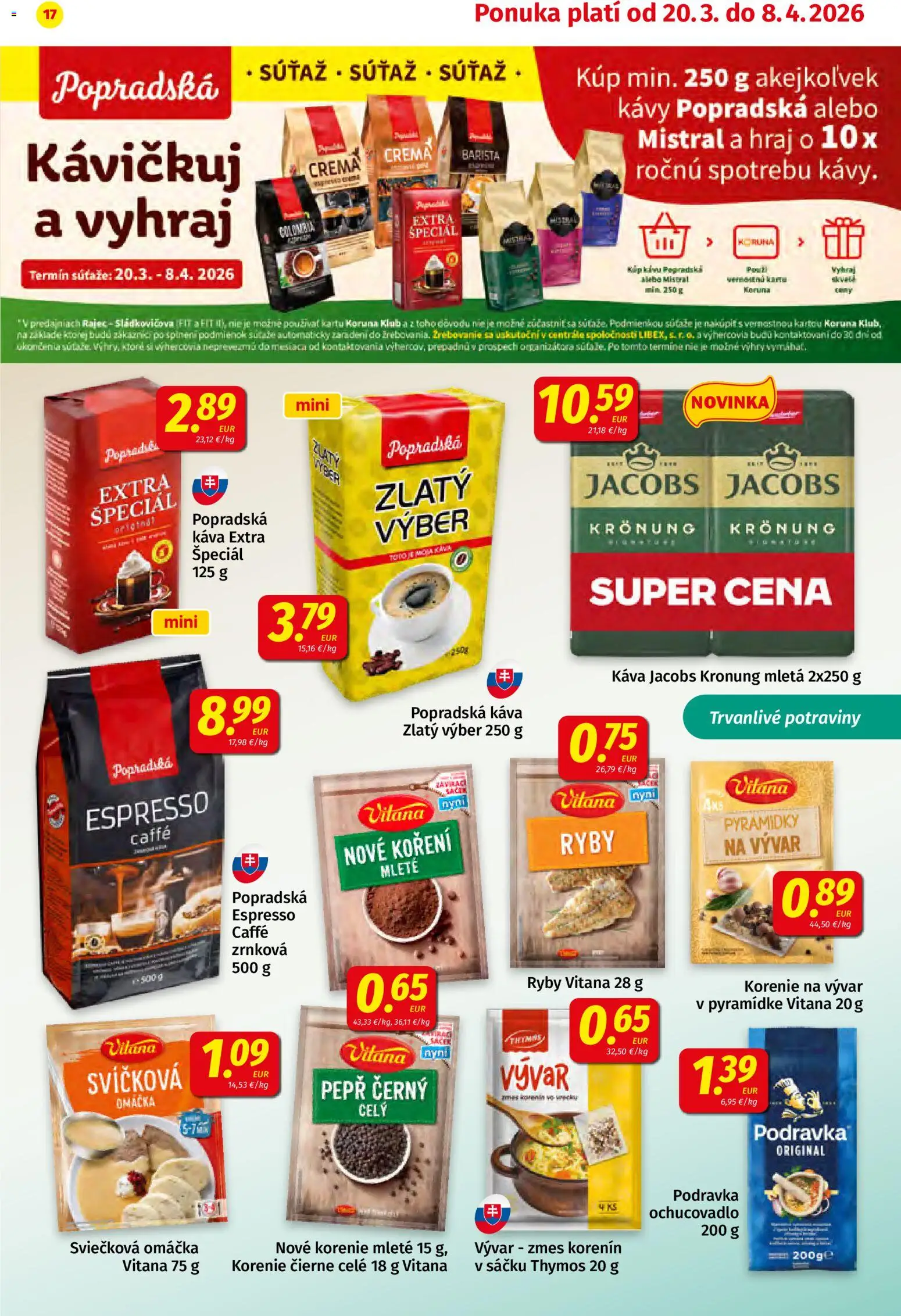 Nové Koruna akcie – leták je platný od 20.03.2026 | Strana: 17 | Produkty: Káva, Ryby, Rajec, Omáčka