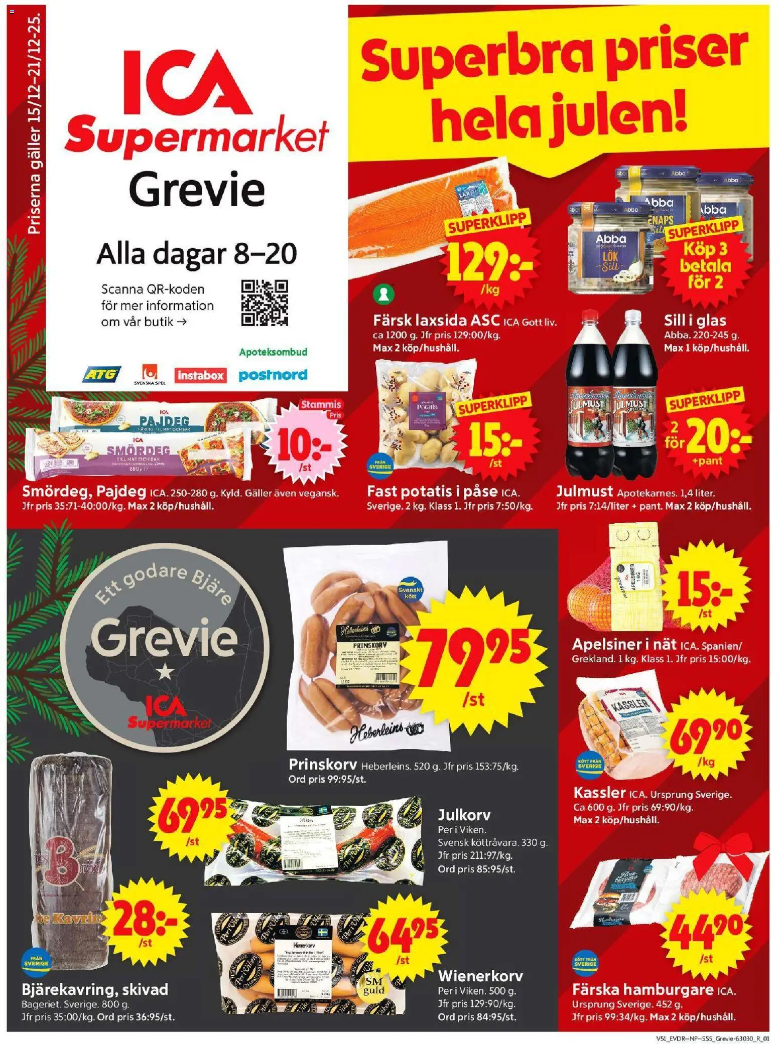 ICA Supermarket reklamblad aktuell från 15.12.2025 | Sida: 1 | Produkter: Galler, Apelsiner, Wienerkorv, Spel
