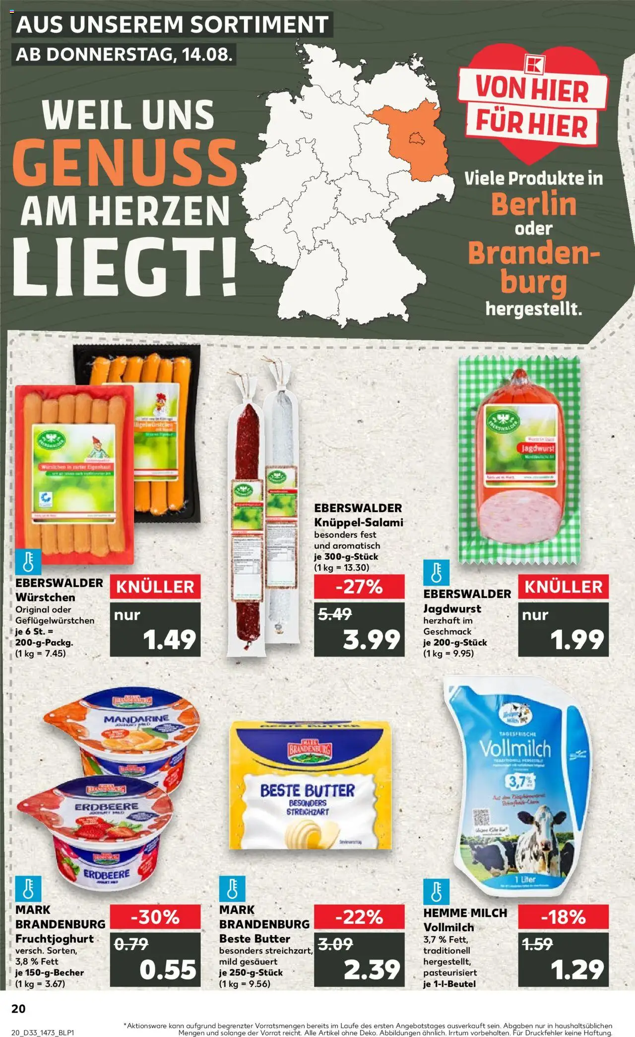 Kaufland Prospekt 	 - gültig ab dem 14.08.2025 | Seite: 20 | Produkte: Milch, Butter, Fruchtjoghurt, Salami