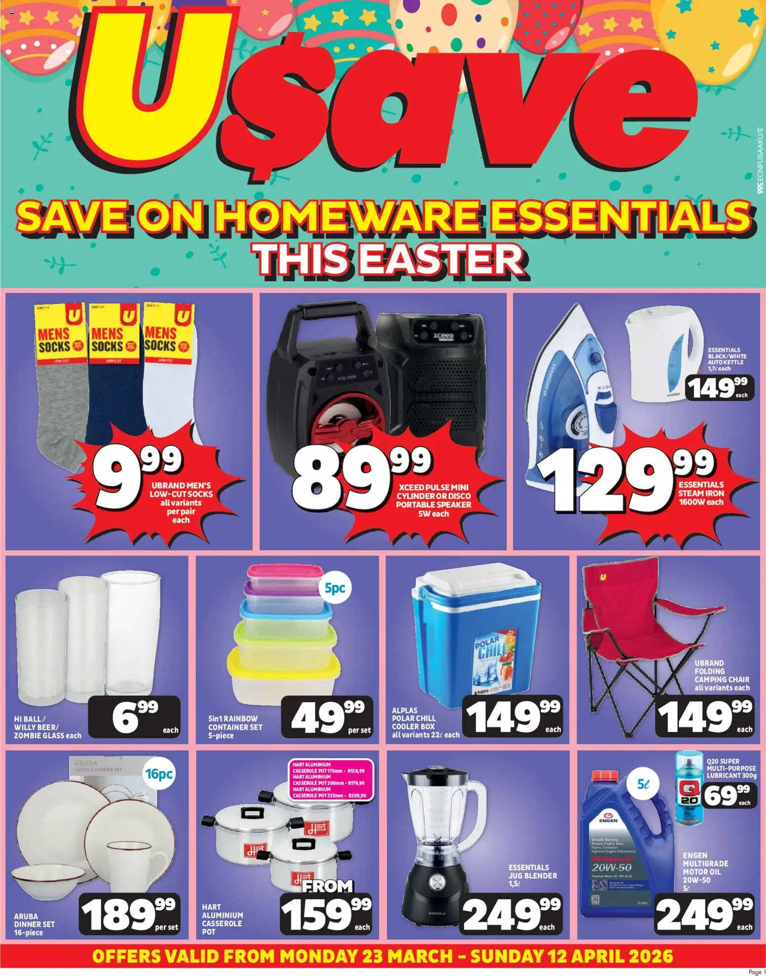New Usave catalogue – valid from 23.03.2026 | Page: 1 | Products: Socks, Iron, Chair, Oil