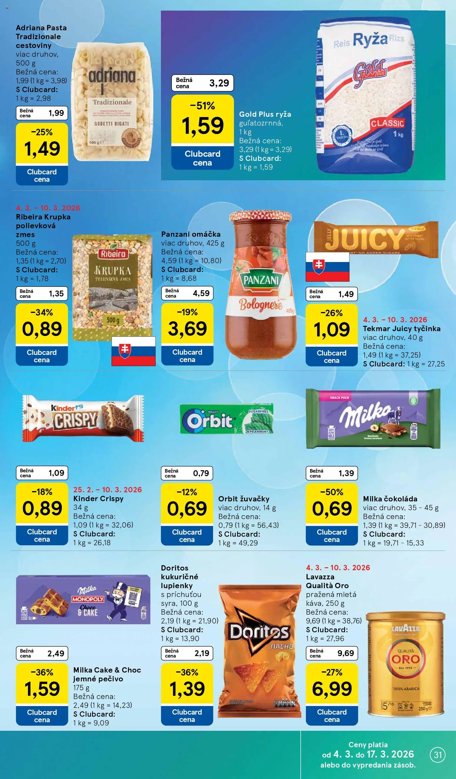 Nové Tesco akcie – leták je platný od 04.03.2026 | Strana: 31 | Produkty: Ryža, Kinder, Čokoláda, Milka