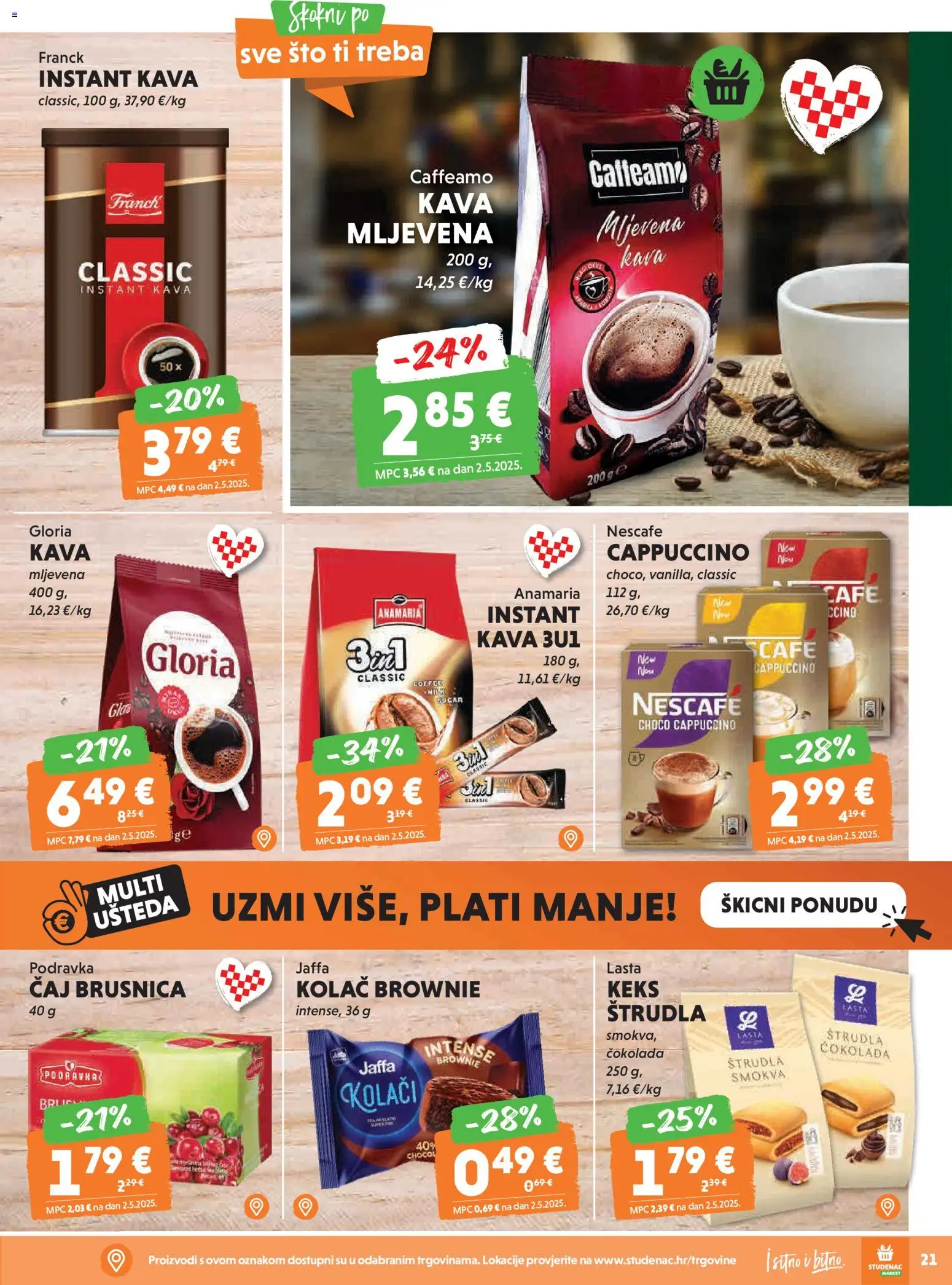 Studenac katalog | vrijedi od 11.03.2026 | Stranica: 21 | Proizvodi: Čokolada, Podravka, Pasta, Cappuccino