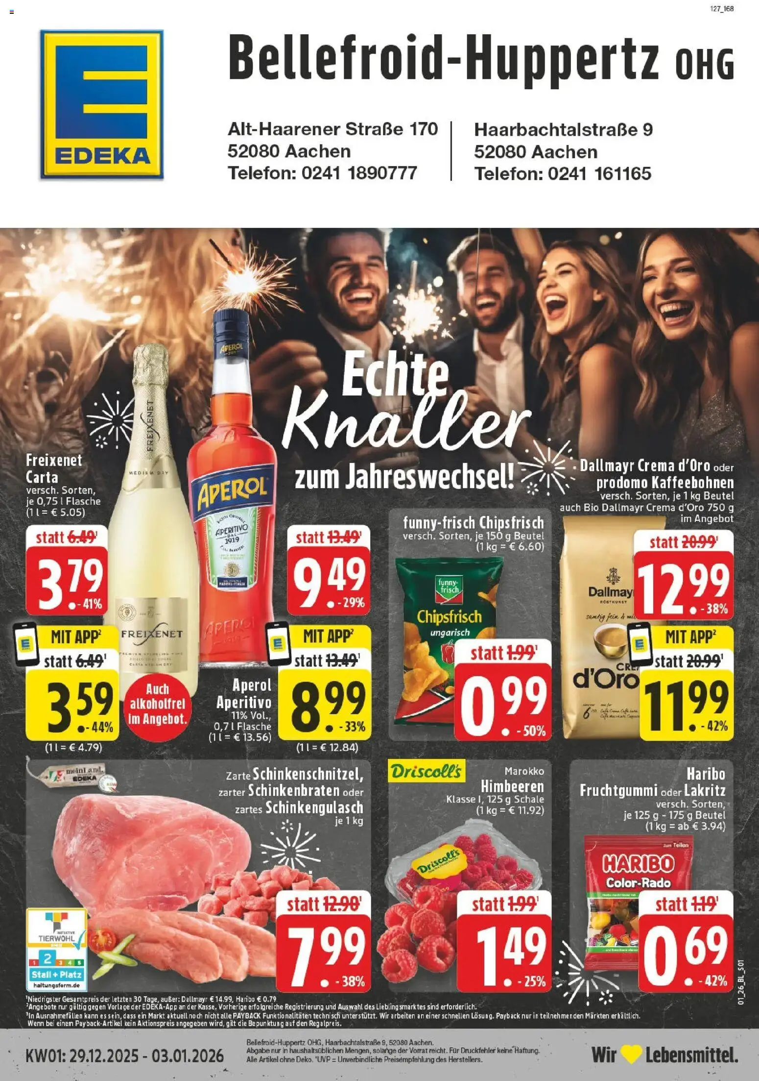 Edeka prospekt Aachen-Haaren	 – gültig ab 28.12.2025 | Seite: 1 | Produkte: Himbeeren, Haribo, Freixenet, Chips