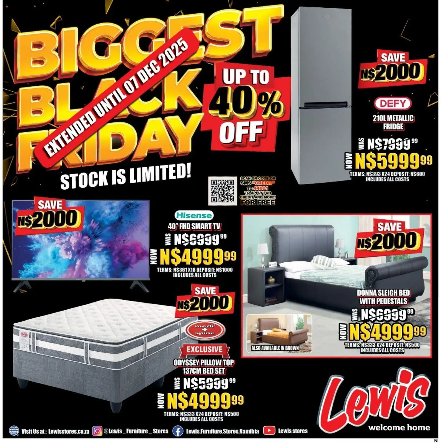 New Lewis Stores catalogue – valid from 01.12.2025 | Page: 1 | Products: Bed, TV, Fridge, Stock
