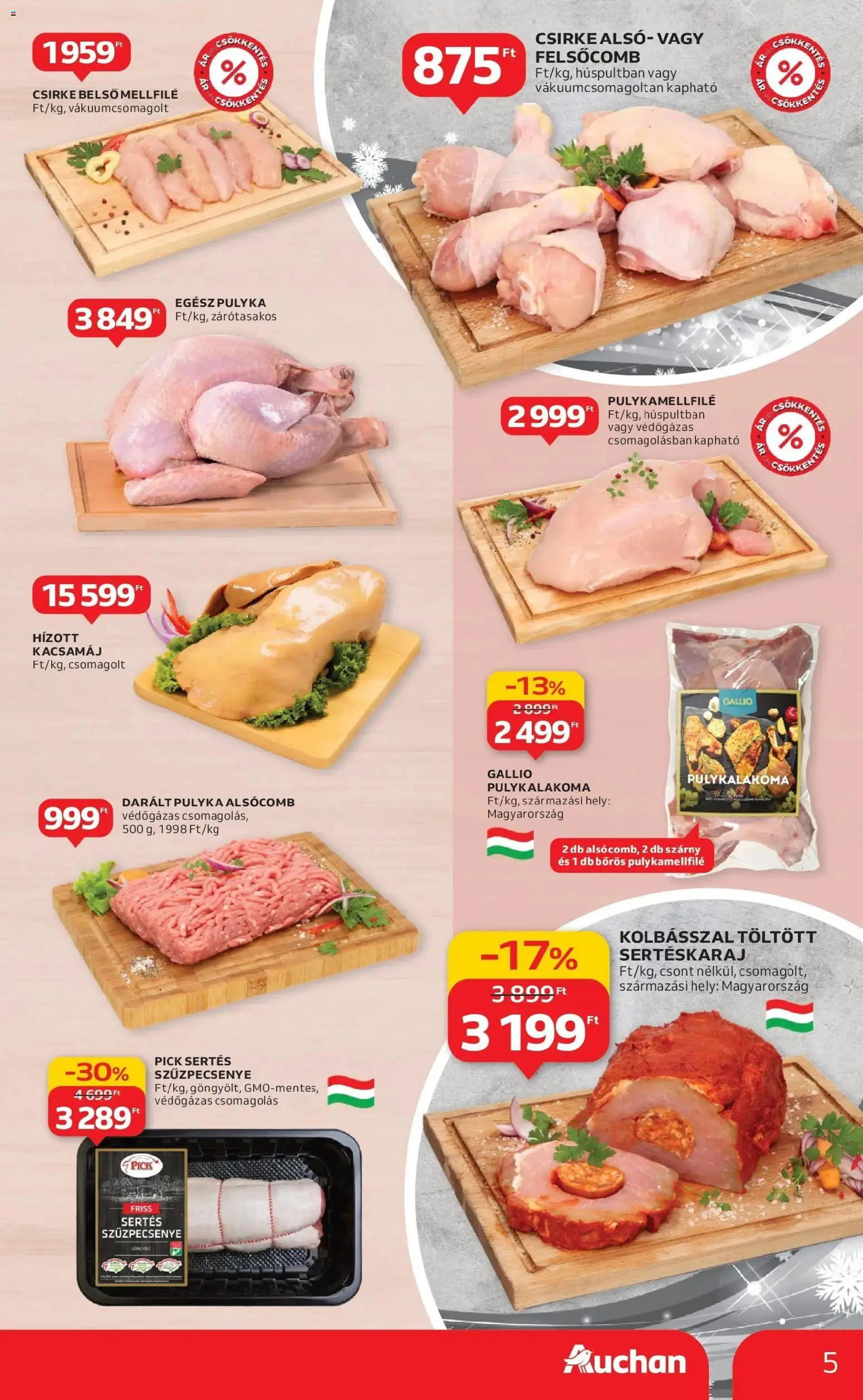 Auchan akciós ujság - amely érvényes a következő dátumtól: 18.12.2025 | Oldal: 5 | Termékek: Kacsamáj, Sertéskaraj, Pick, Pulykamellfilé