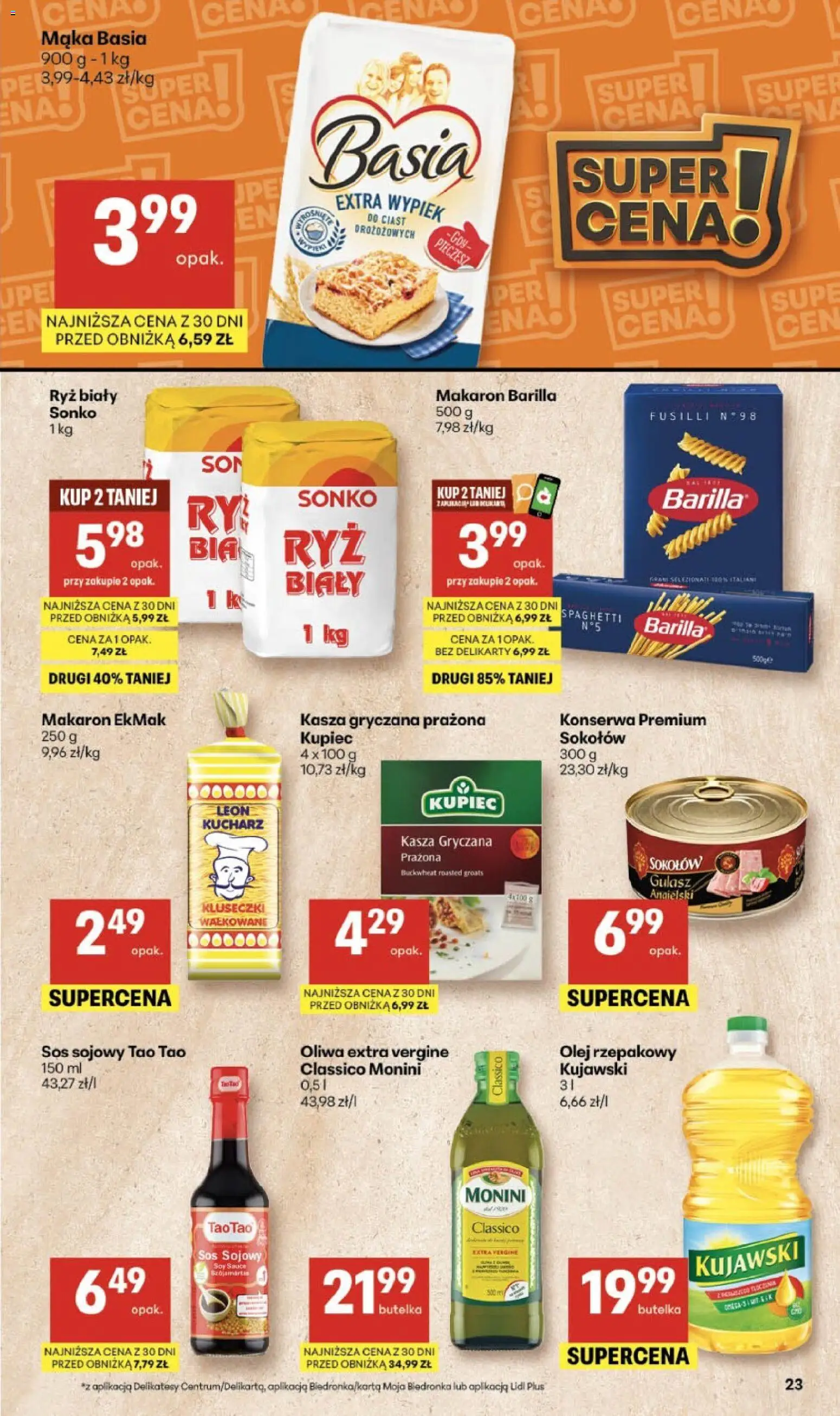 Delikatesy Centrum gazetka - Sklepy Własne od 05.03.2026 | Strona: 23 | Produkty: Kasza, Makaron Barilla, Mąka basia, Sos