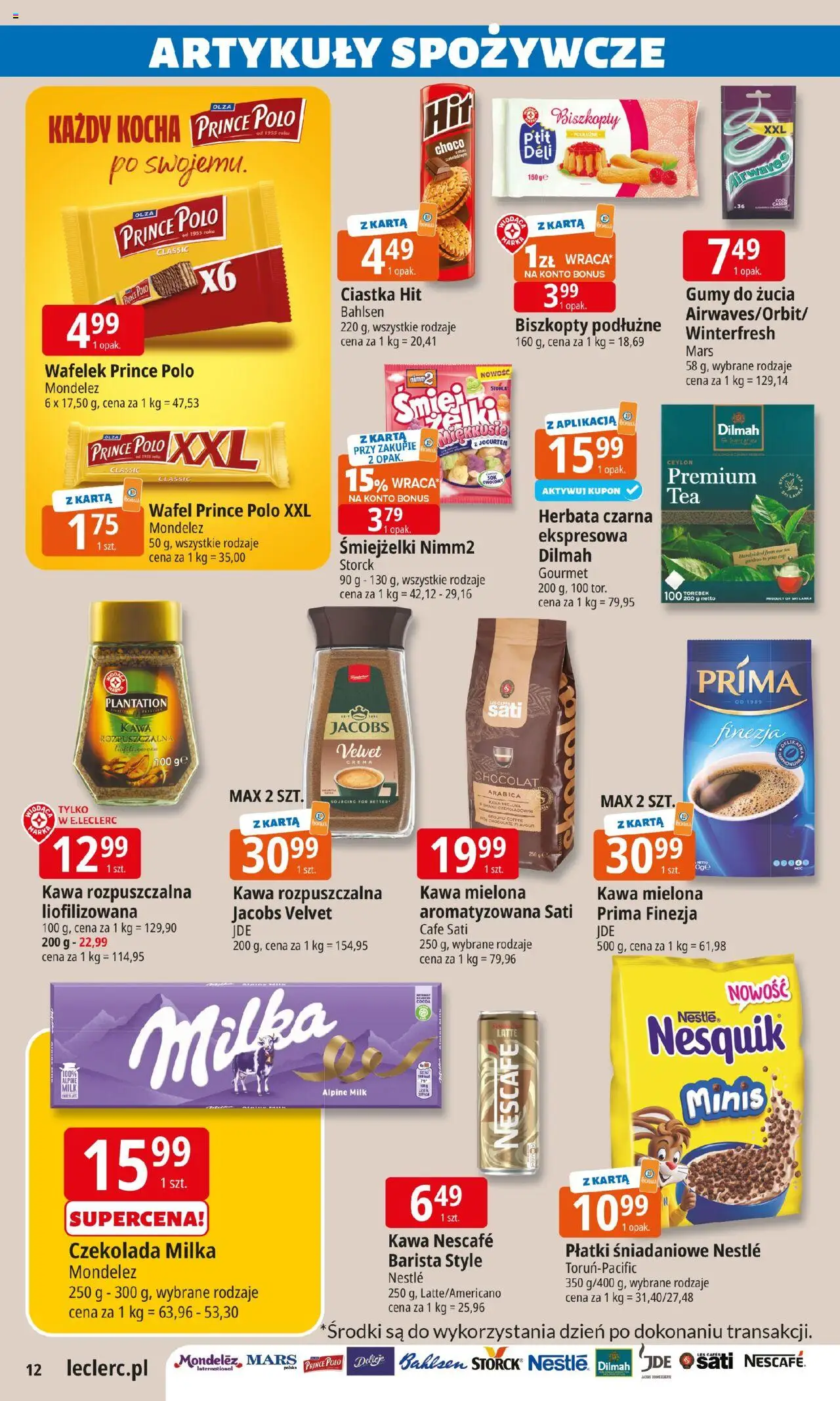 E.Leclerc Gazetka - Zamość od 22.07.2025 | Strona: 12 | Produkty: Prince polo xxl, Kawa jacobs, Czekolada milka, Biszkopty podłużne