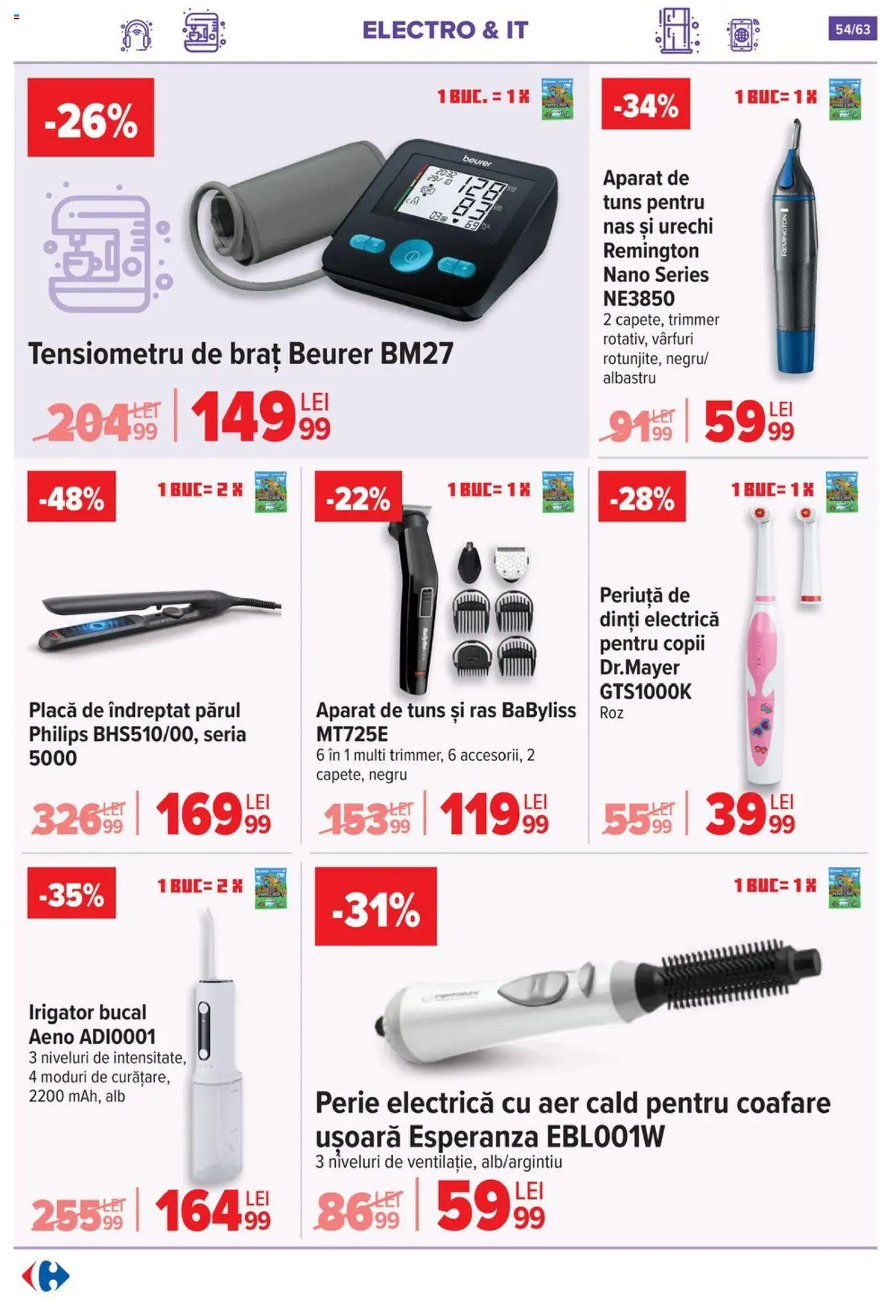 Noul catalog Carrefour – valabil de la 17.09.2025 | Pagină: 54 | Produse: Trimmer, Tensiometru, Placă De Îndreptat Părul, Periuță de dinți