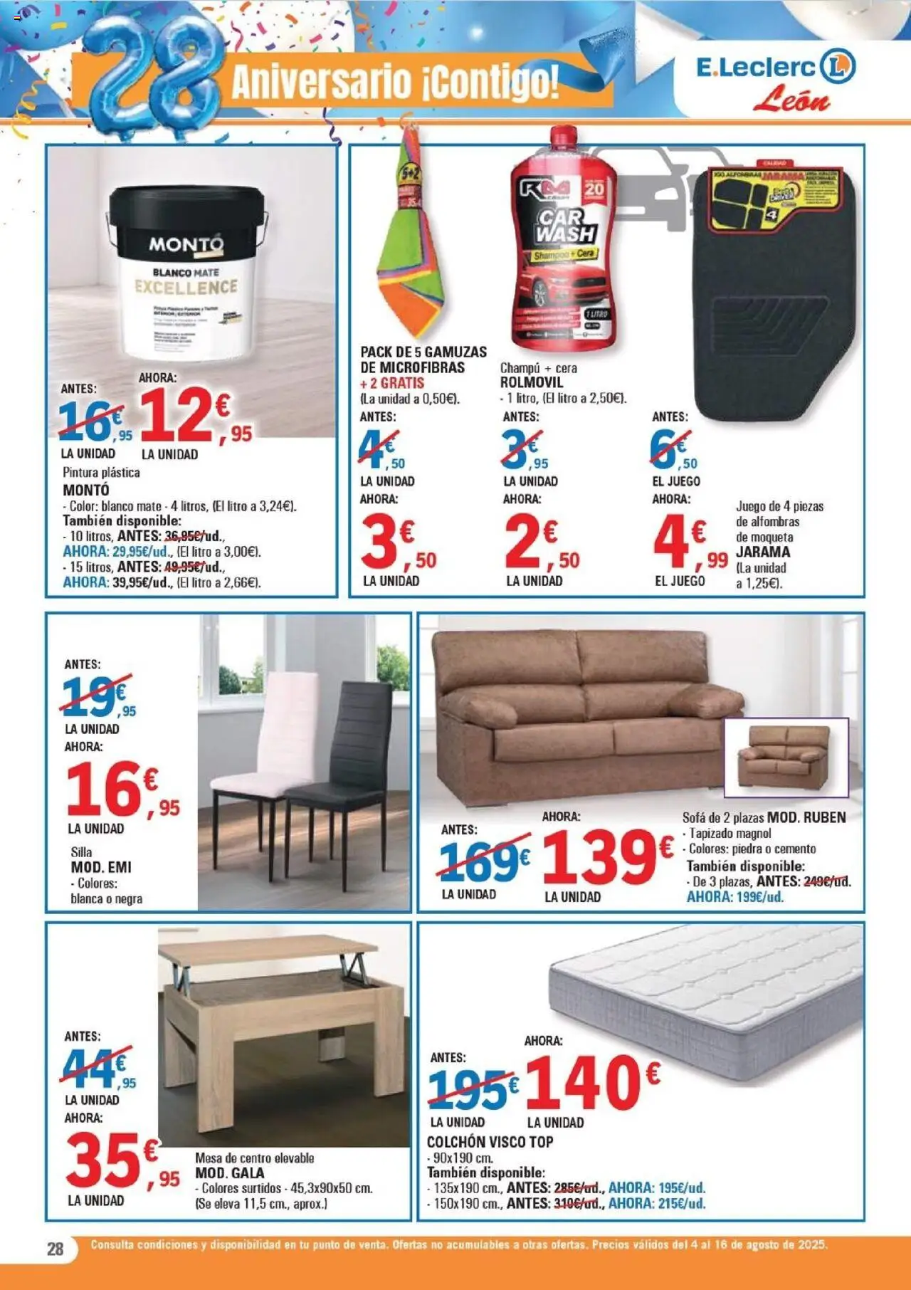E.Leclerc folleto │ válido desde el 04.08.2025 | Página: 28 | Productos: Champú, Pintura plástica, Colchon, Mesa
