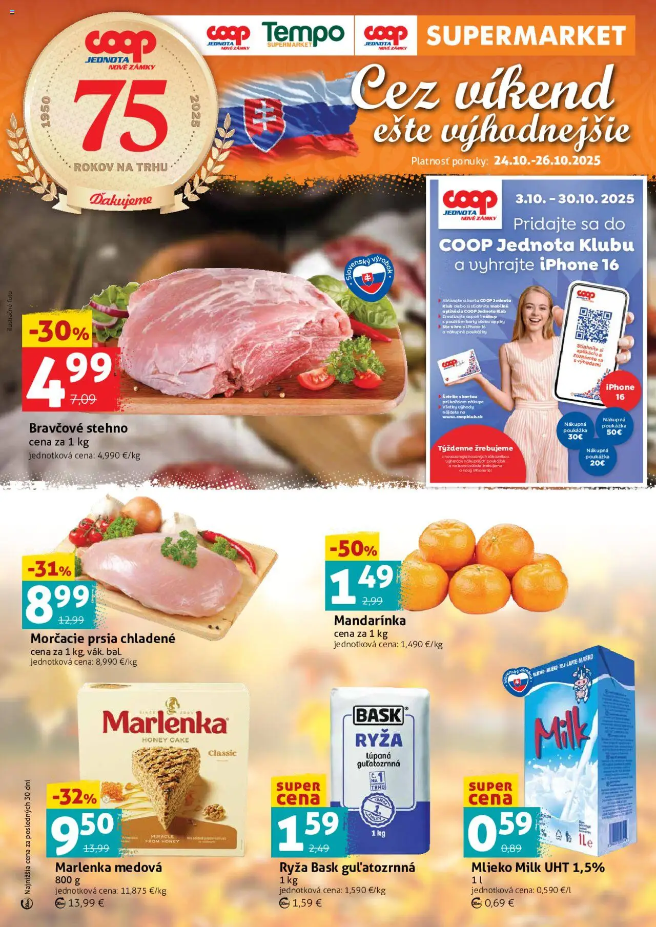 Nové COOP Jednota akcie – leták je platný od 24.10.2025 | Strana: 1 | Produkty: Mlieko, Ryža, Iphone, Marlenka