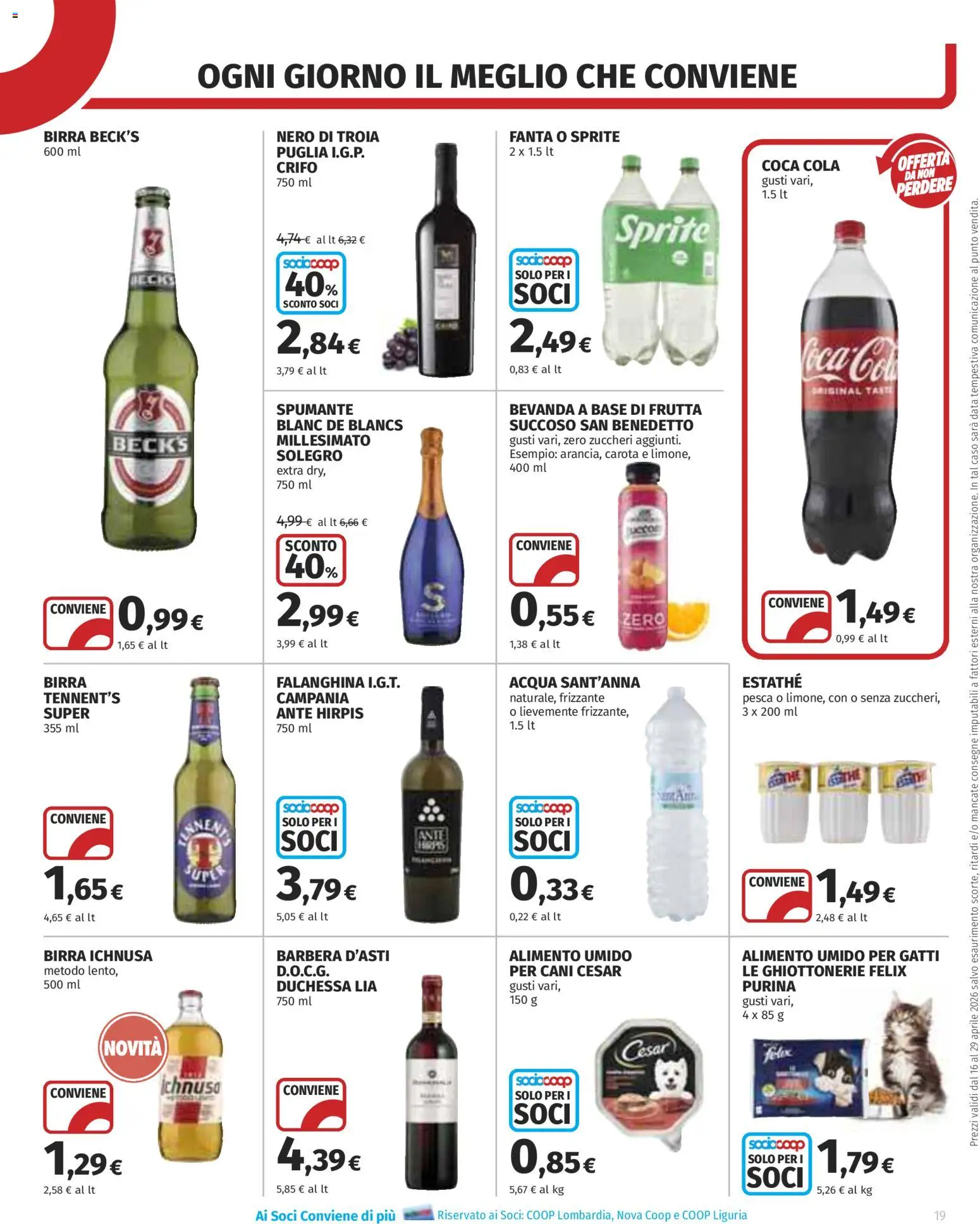 Volantino COOP del 16.04.2026 | Pagina: 19 | Prodotti: Tennent's, Birra, Acqua, Coca Cola