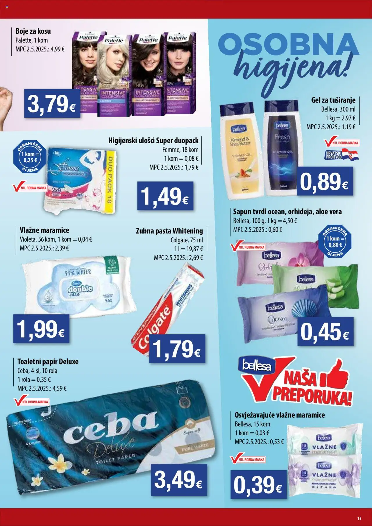 NTL katalog | vrijedi od 20.08.2025 | Stranica: 15 | Proizvodi: Gel za tuširanje, Čaše, Toaletni papir, Pasta