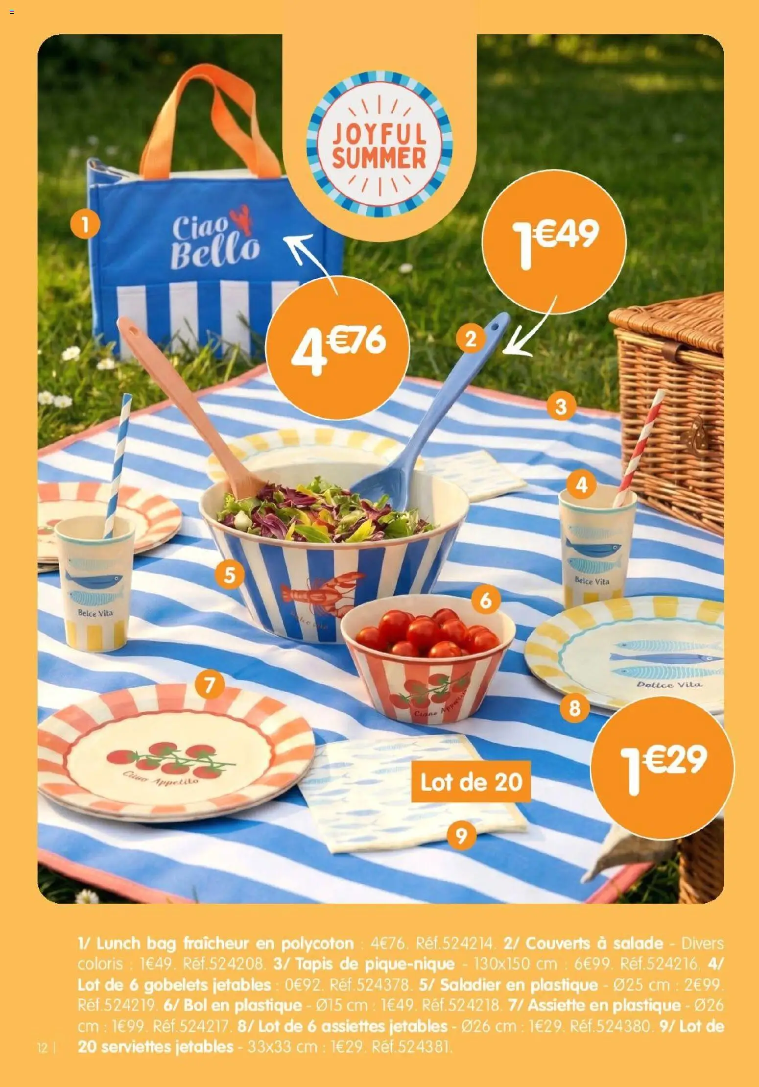 {H1} | Page: 12 | Produits: Salade, Assiettes jetables, Bol, Tapis
