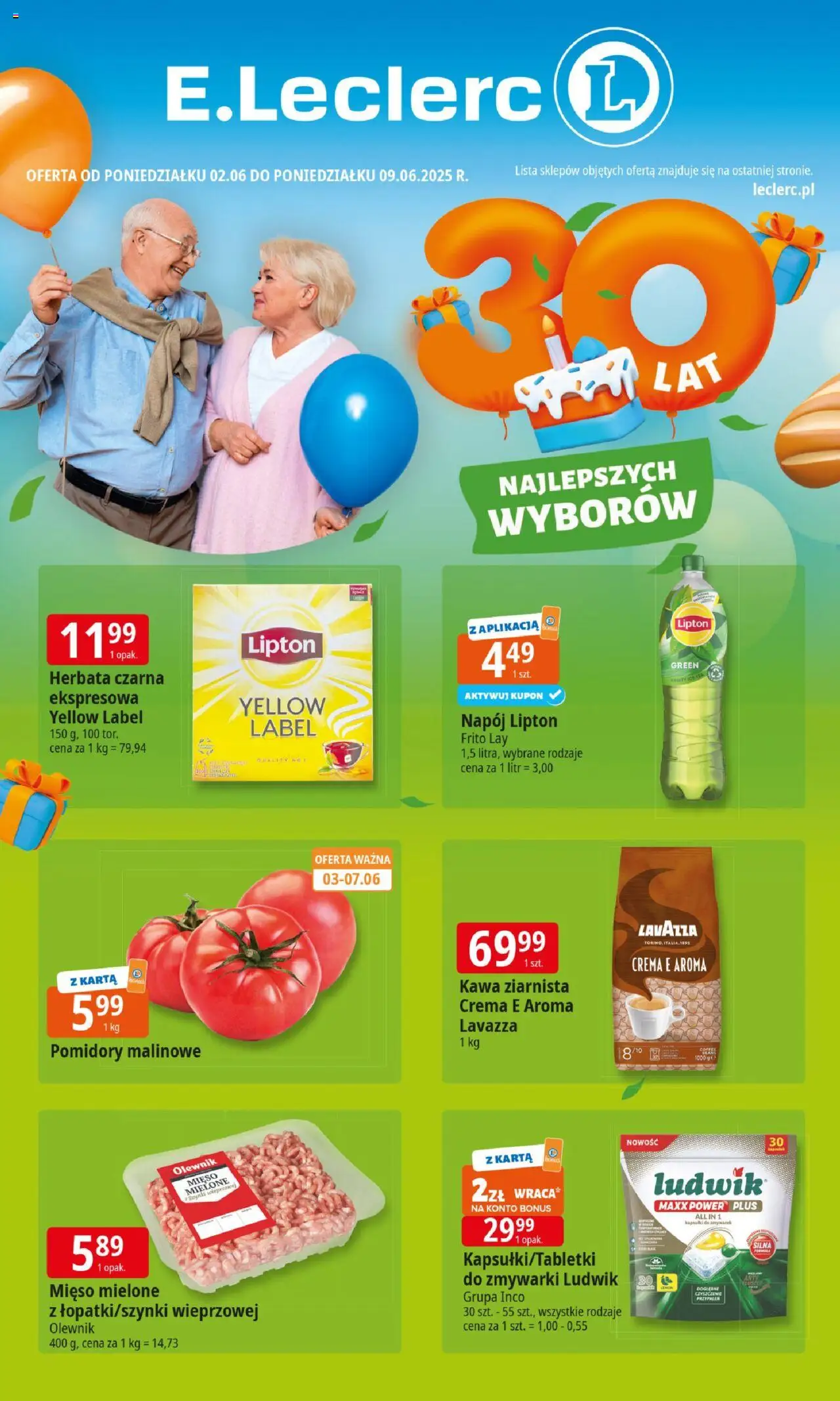 E.Leclerc Gazetka - Elbląg 30 lat od 02.06.2025 | Strona: 1 | Produkty: Karta, Mięso, Lavazza, Kawa
