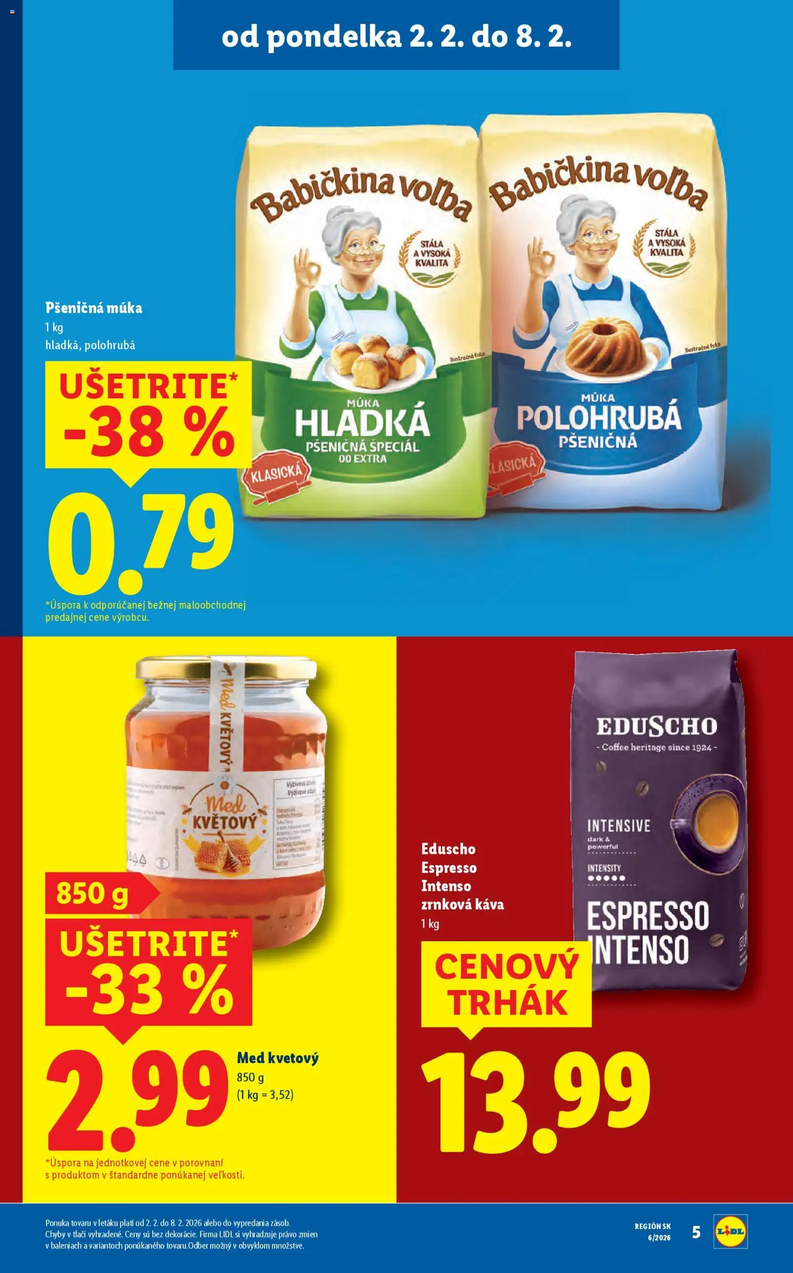 Nové Lidl akcie – leták je platný od 05.02.2026 | Strana: 13 | Produkty: Pšeničná múka, Med, Hladká múka, Zrnková káva