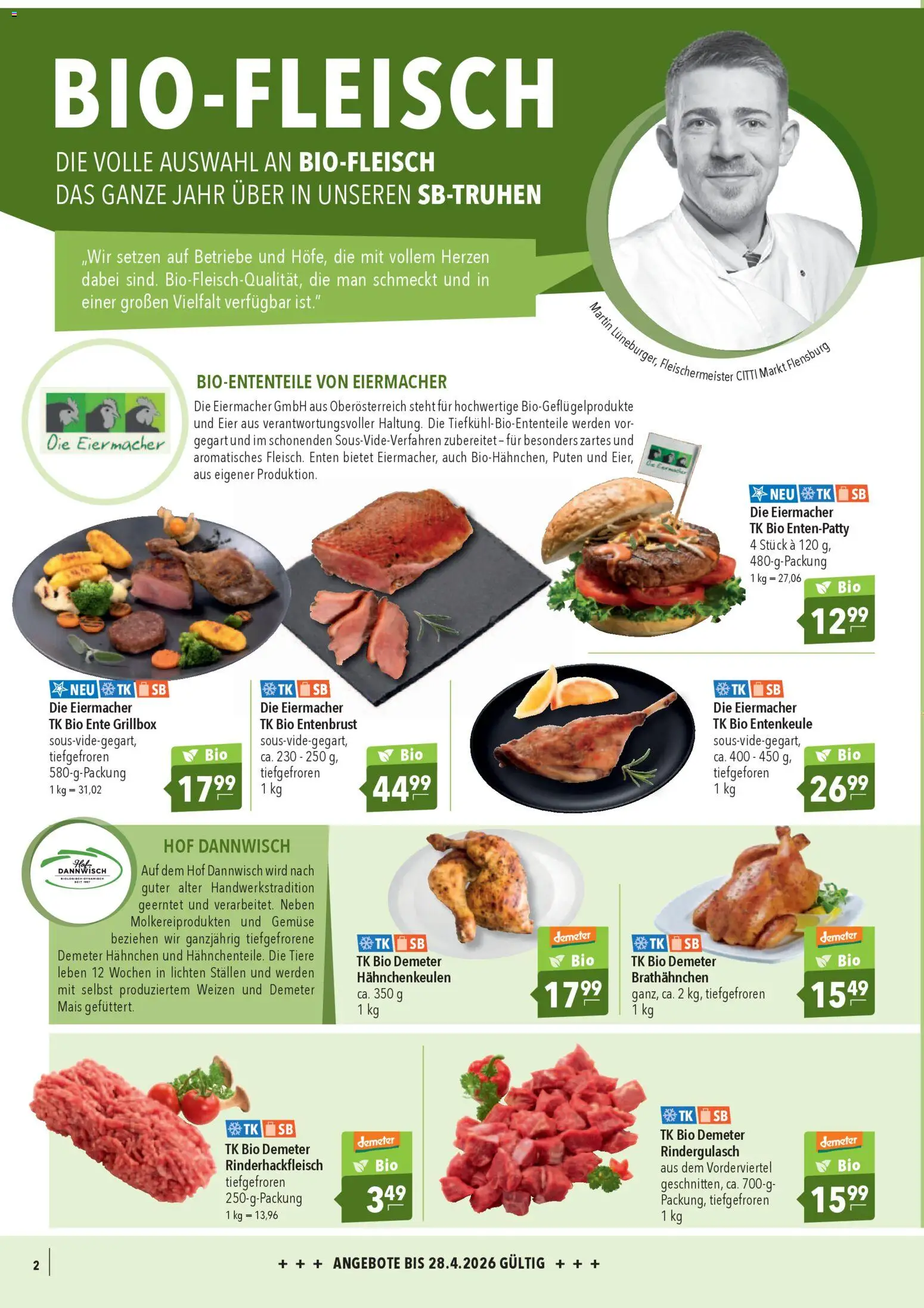 CITTI Markt Bio logisch! – gültig ab 01.04.2026 | Seite: 2 | Produkte: Rindergulasch, Hahnchen, Eier, Gemüse