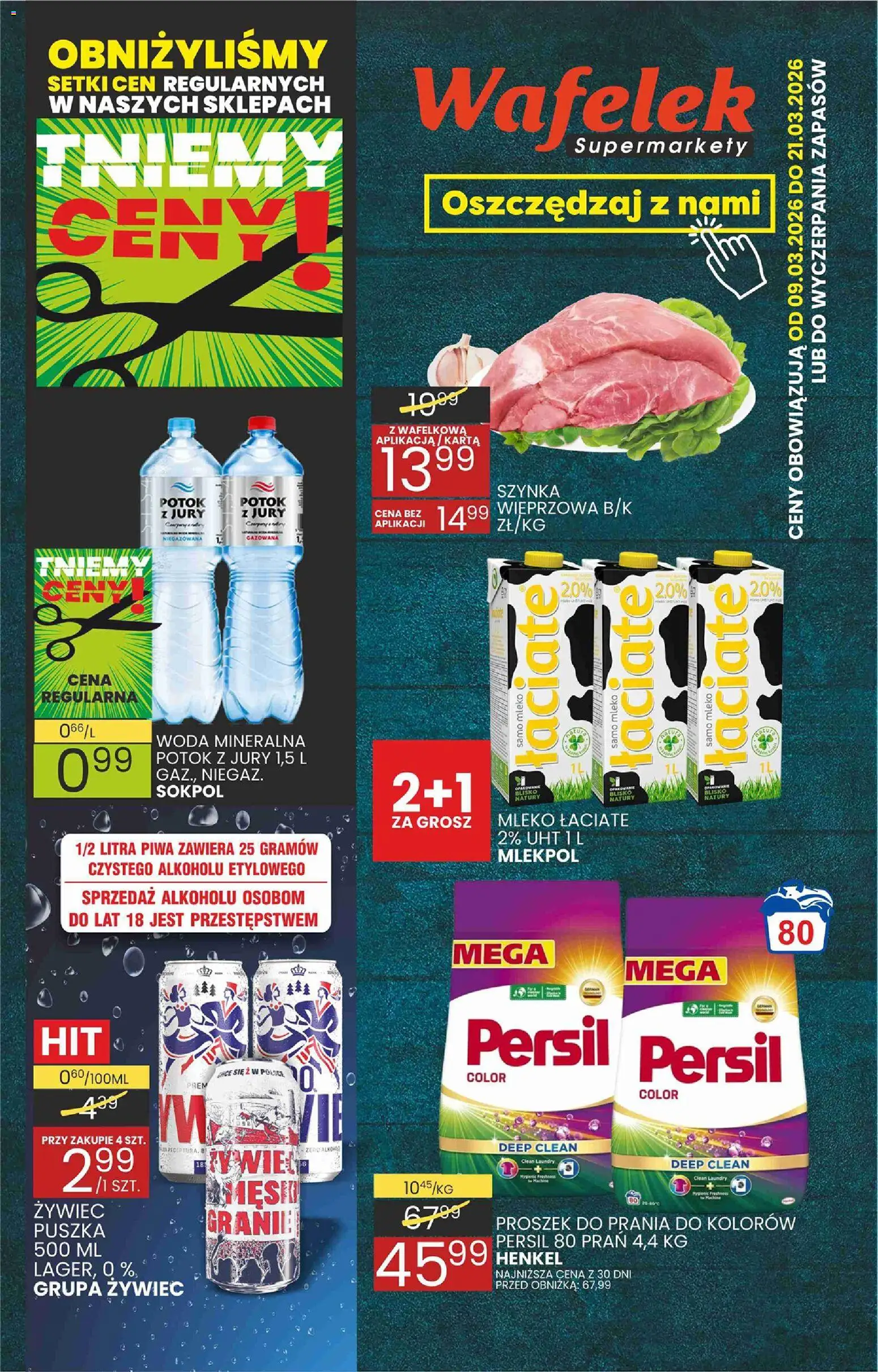 Wafelek gazetka od 09.03.2026 | Strona: 1 | Produkty: Persil, Szynka, Mleko, Woda