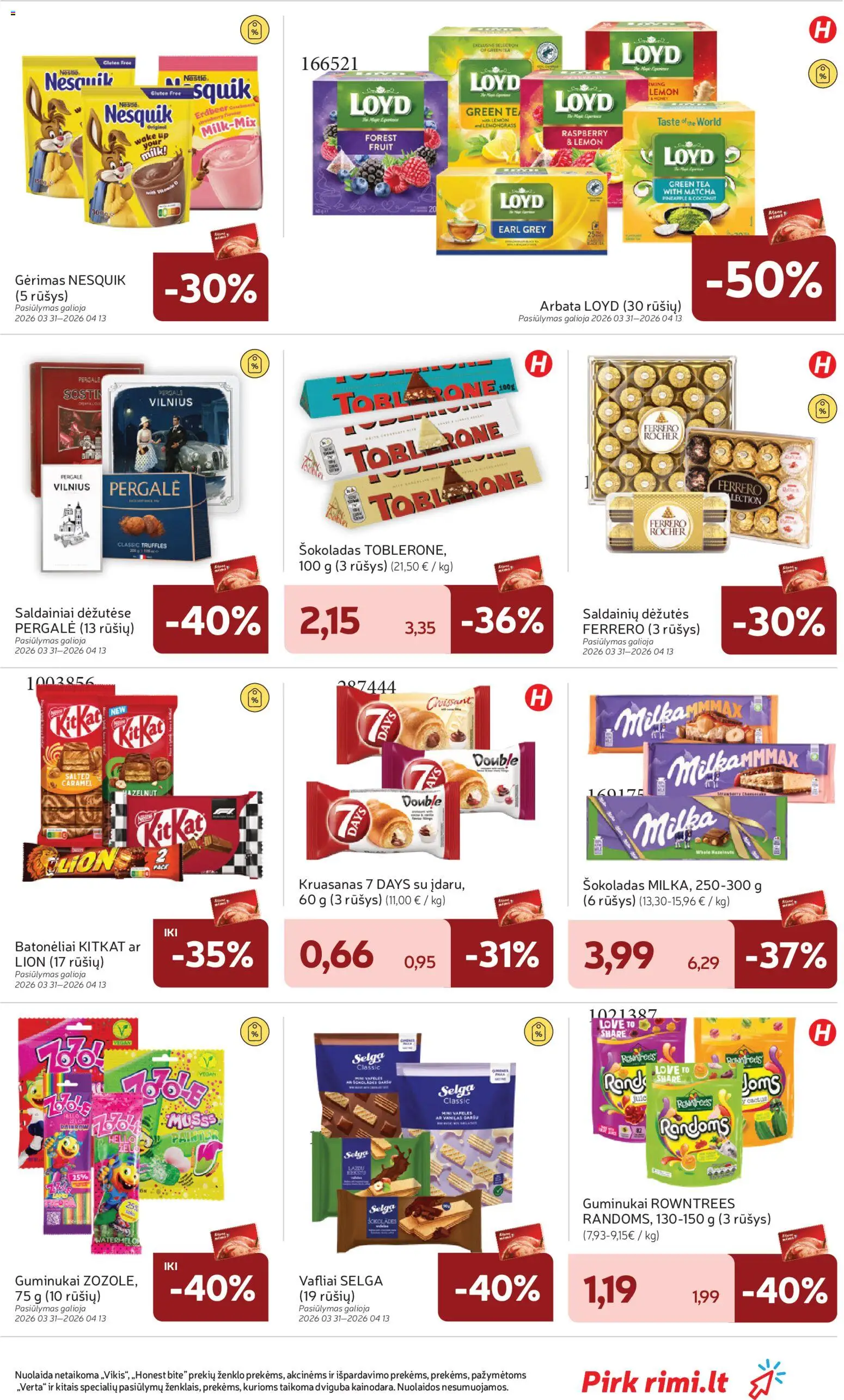 Rimi akcijos nuo 31.03.2026 | Puslapis: 27 | Prekių: Šokoladas, Arbata, Vafliai, Saldainiai