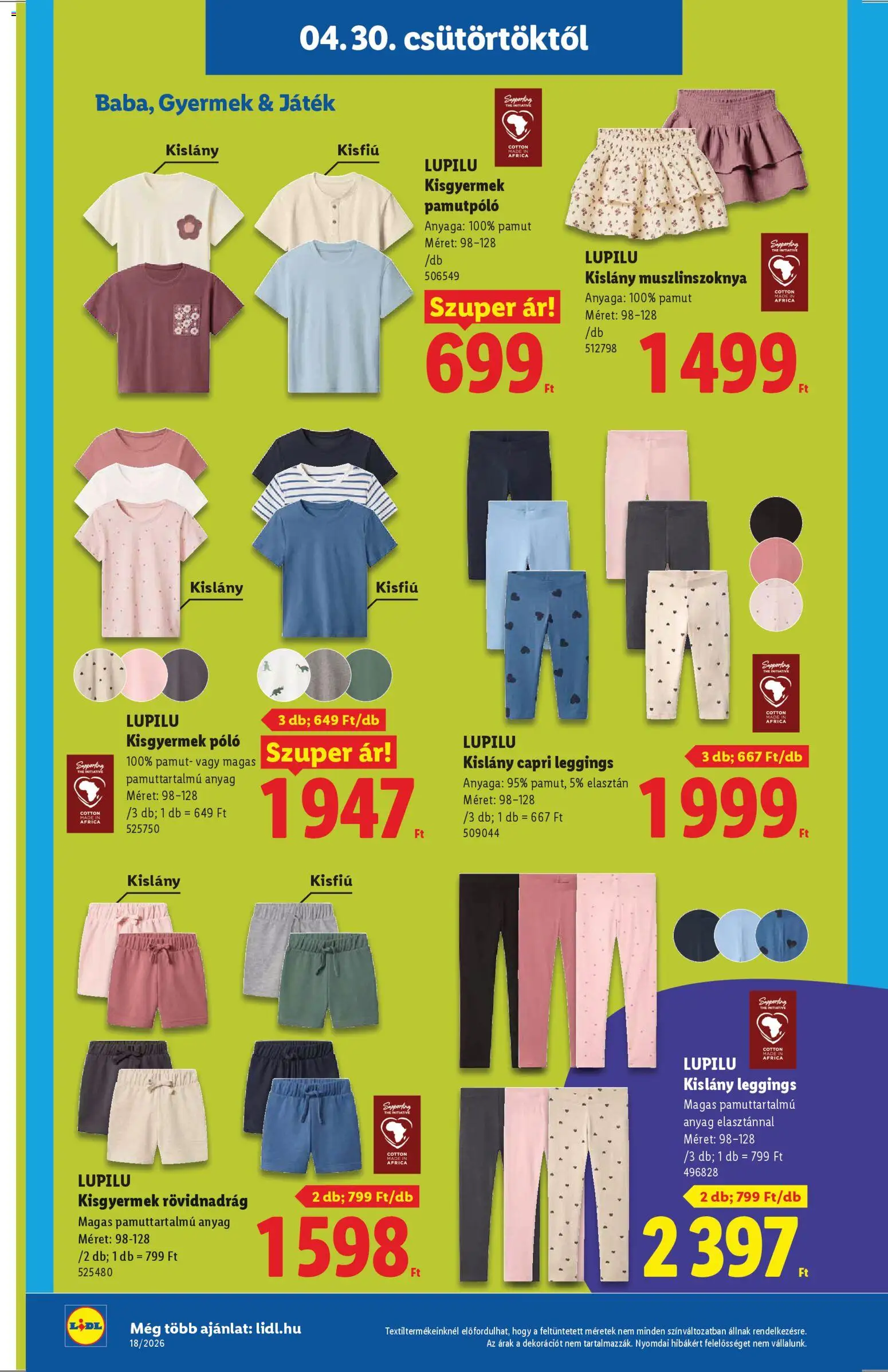 Lidl akciós ujság - amely érvényes a következő dátumtól: 30.04.2026 | Oldal: 4 | Termékek: Játék, Rövidnadrág, Leggings