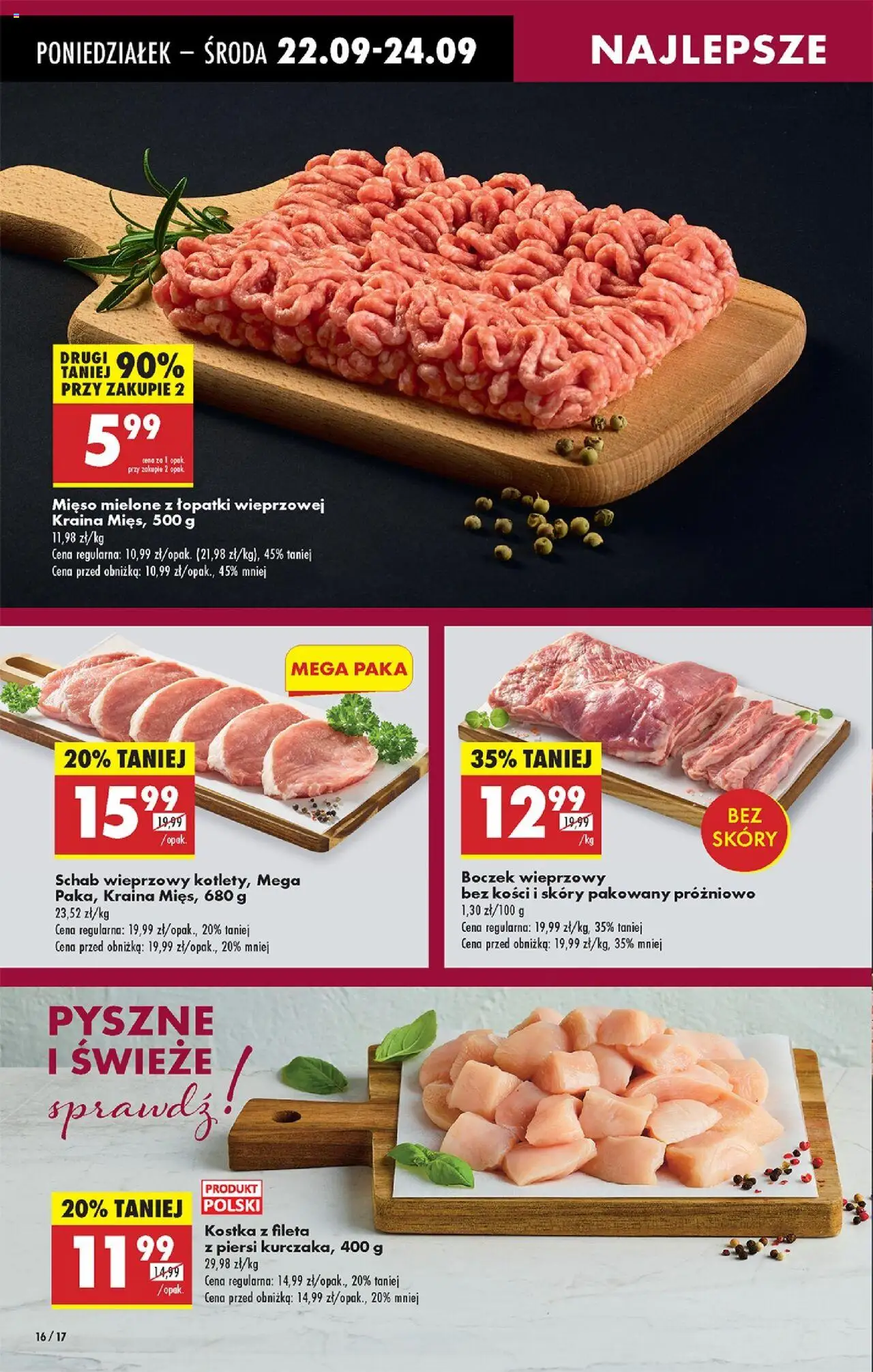 Biedronka gazetka od 22.09.2025 | Strona: 16 | Produkty: Mięso, Schab wieprzowy, Mięso mielone, Boczek