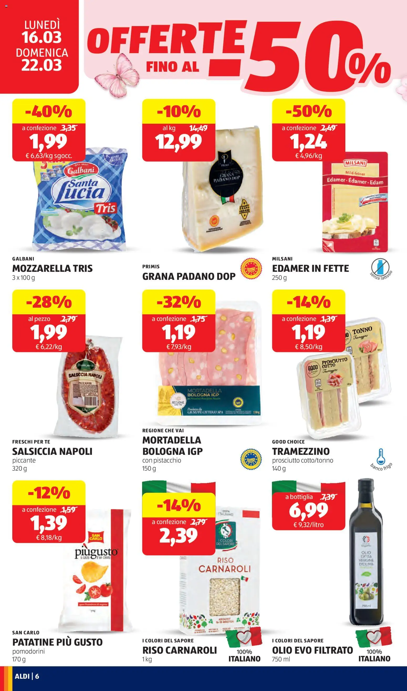 Volantino Aldi del 16.03.2026 | Pagina: 6 | Prodotti: Patatine, Mozzarella, Tonno, Tramezzino