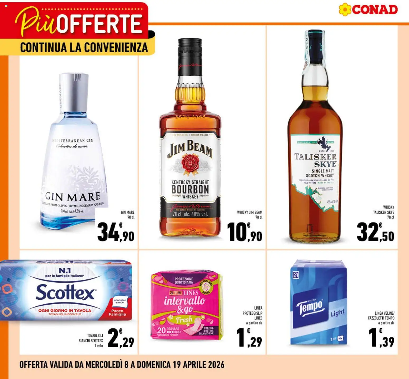 Volantino Conad del 08.04.2026 | Pagina: 2 | Prodotti: Bourbon, Gin, Fazzoletti, Whisky
