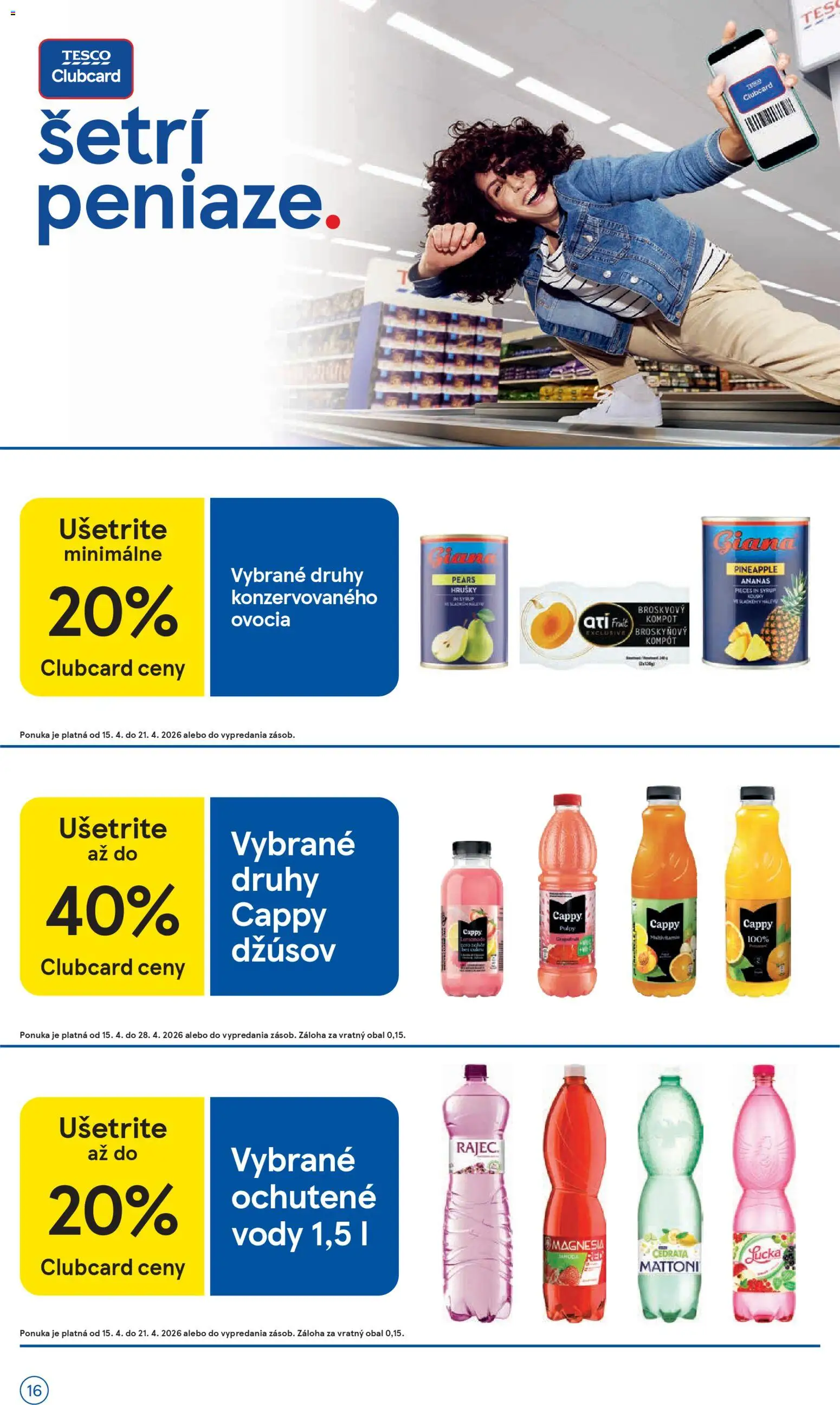 Nové Tesco akcie – leták je platný od 15.04.2026 | Strana: 16 | Produkty: Rajec, Broskyňový kompót, Lucka, Magnesia