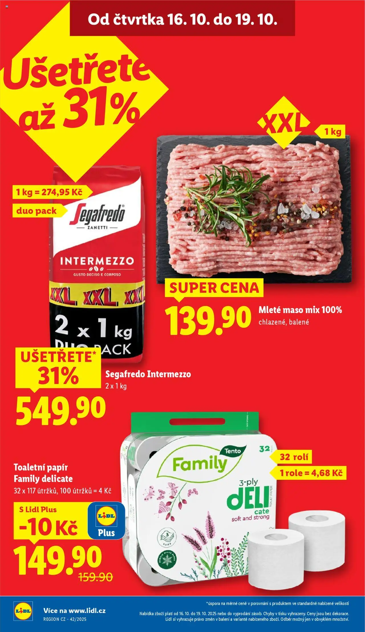 Lidl leták od 16.10.2025 | Strana: 2 | Produkty: Segafredo Intermezzo, Toaletní papír, Mleté maso, Maso