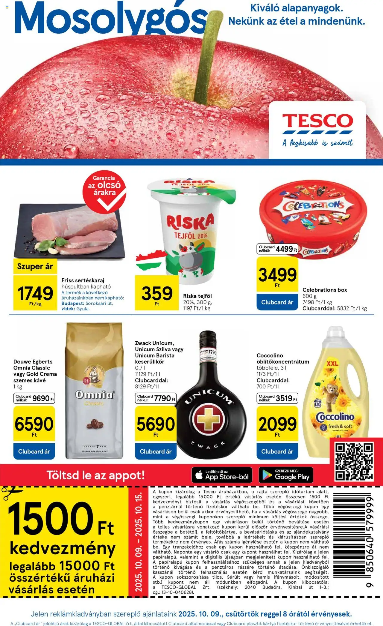 Tesco akciós ujság - amely érvényes a következő dátumtól: 09.10.2025 | Oldal: 1 | Termékek: Coccolino, Szilva, Tejföl, Szemes kávé