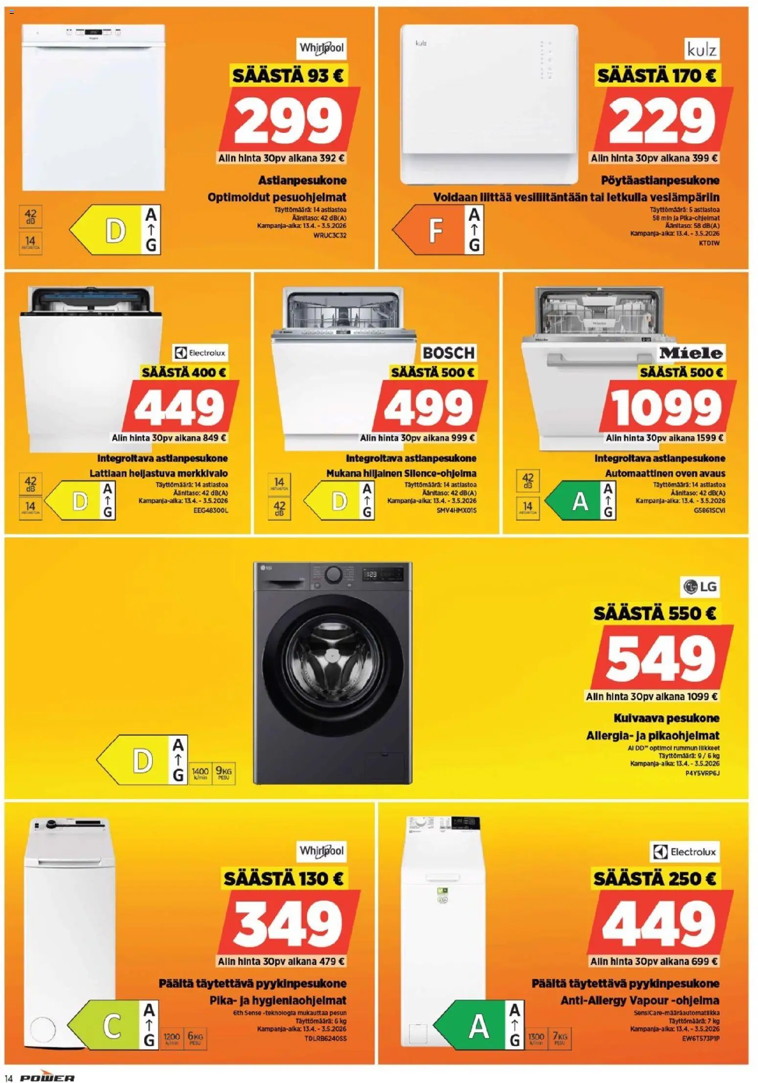 Power tarjoukset – voimassa 13.04.2026 alkaen | Sivu: 14 | Tuotteet: Pesukone, Astianpesukone