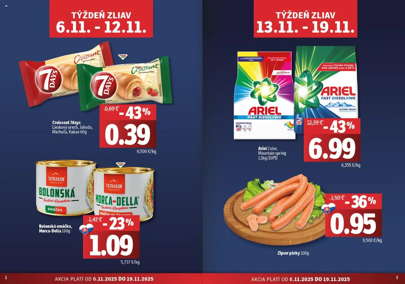 Nové Fresh akcie – leták je platný od 06.11.2025 | Strana: 2 | Produkty: Croissant, Omáčka, Párky, Kakao