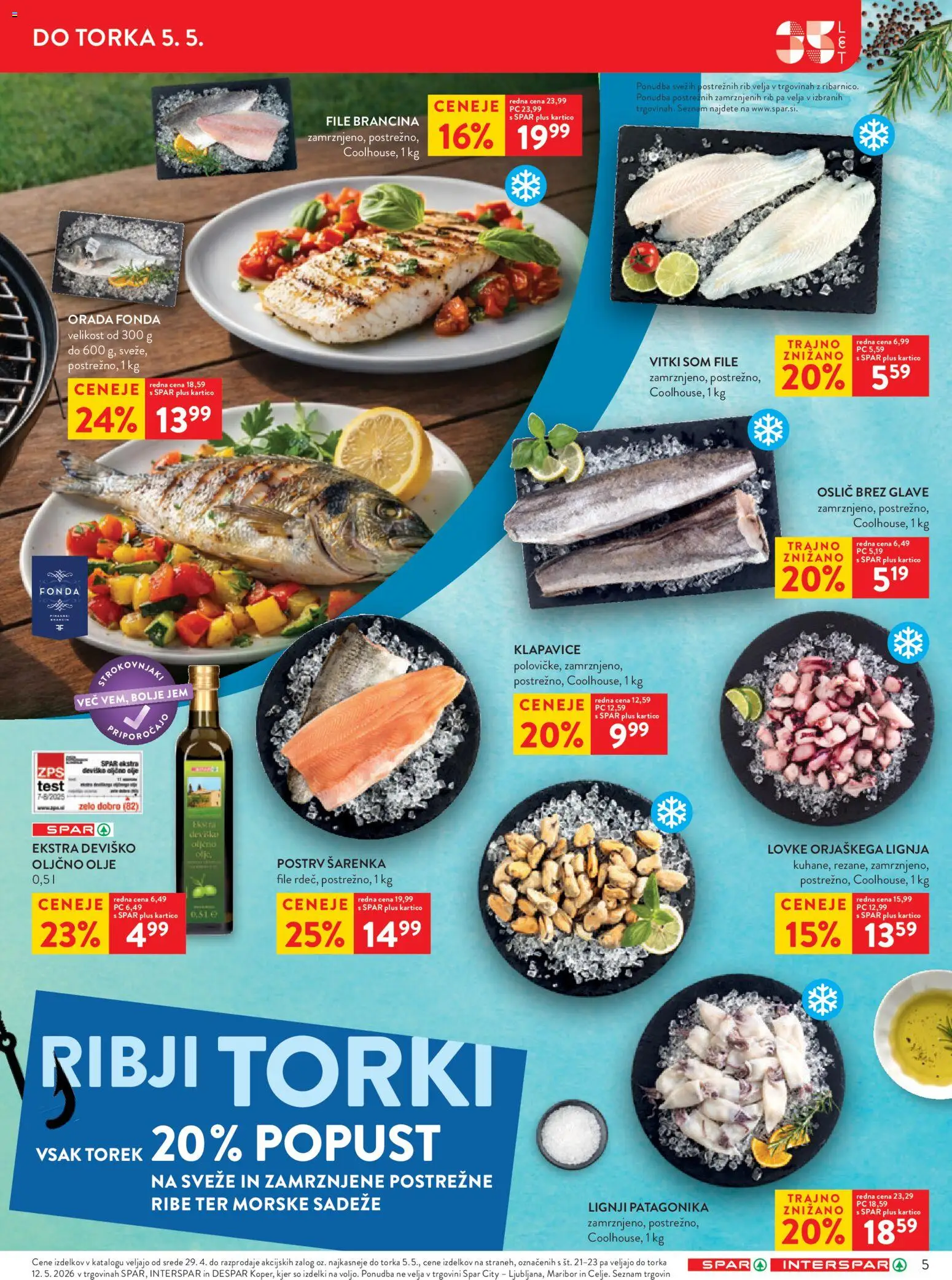 Novi Spar katalog ponudbe – veljaven od 29.04.2026 | Stran: 5 | Izdelki: Lignji, Oslič, Oljčno olje, Klapavice