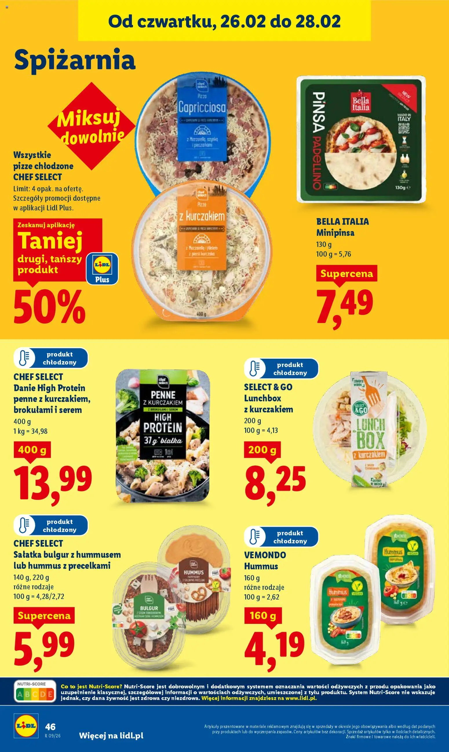 Lidl Gazetka od 26.02.2026 | Strona: 46 | Produkty: Sałatka bulgur, Hummus, Pizza capricciosa, Mozzarella