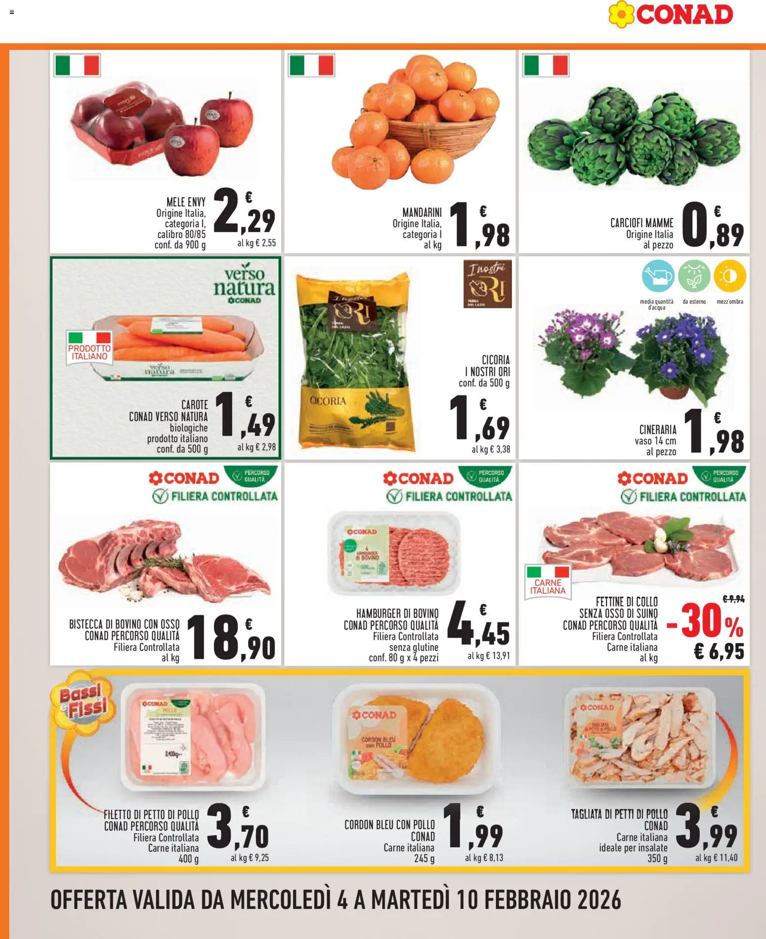 Volantino Conad del 04.02.2026 | Pagina: 2 | Prodotti: Bovino, Pollo, Mele, Vaso