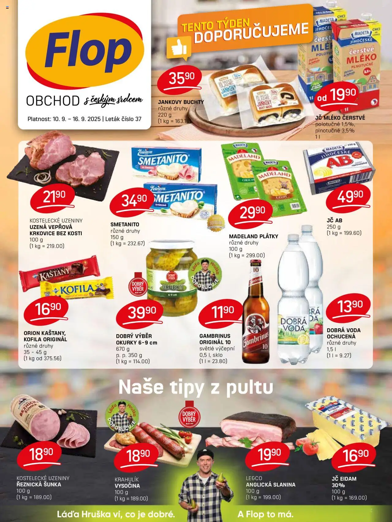 Flop leták od 10.09.2025 | Strana: 1 | Produkty: Voda, Mléko, Uzeniny, Kofila