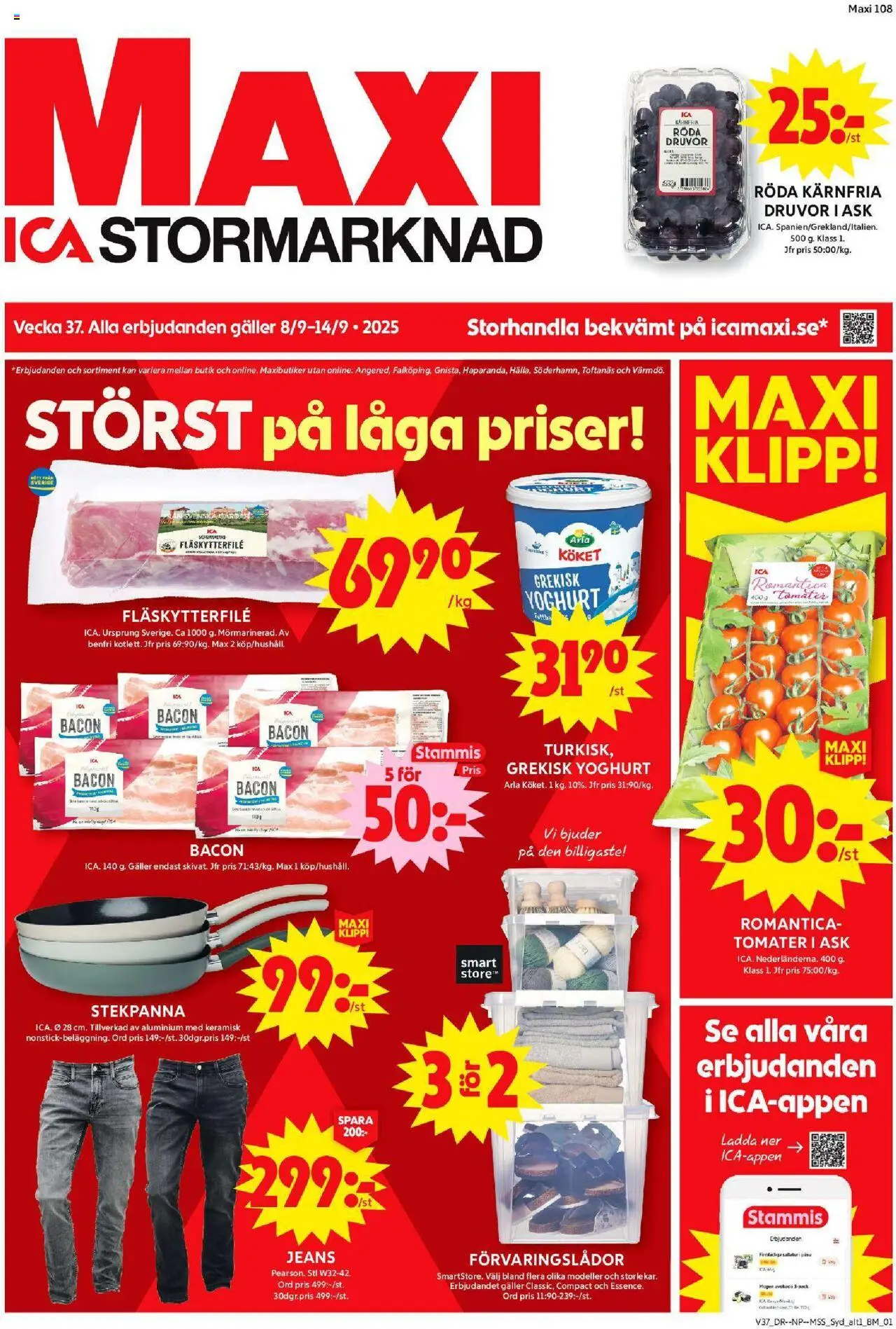 ICA Maxi reklamblad aktuell från 08.09.2025 | Sida: 1 | Produkter: Bacon, Galler, Fläskytterfilé, Stekpanna
