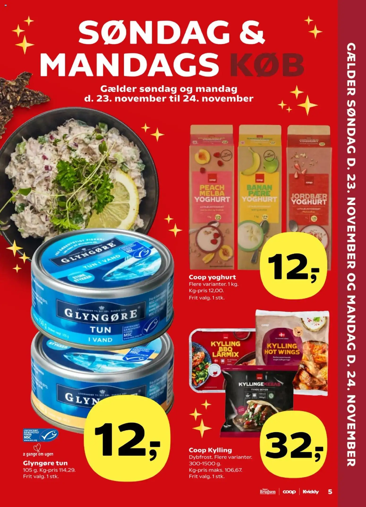 Super Brugsen tilbudsavis – gyldig fra 21.11.2025 | Side: 5 | Produkter: Yoghurt, Jordbær, Kebab, Tun