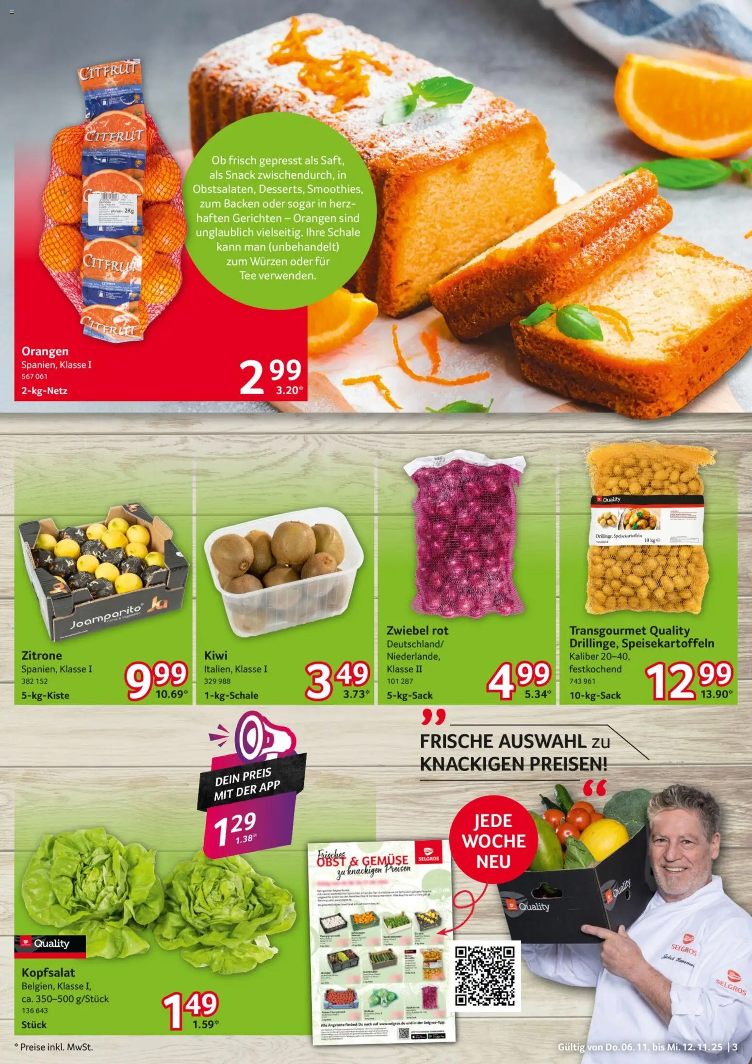 Selgros Prospekt 	 – gültig ab 06.11.2025 | Seite: 3 | Produkte: Orangen, Gemüse, Tee, Kiwi