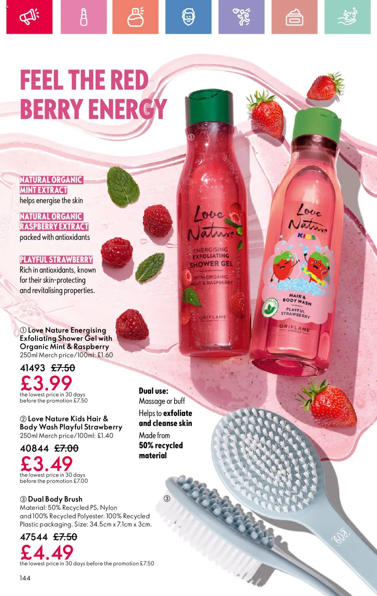  | Page: 144 | Products: Brush, Shower gel, Strawberry, Raspberry