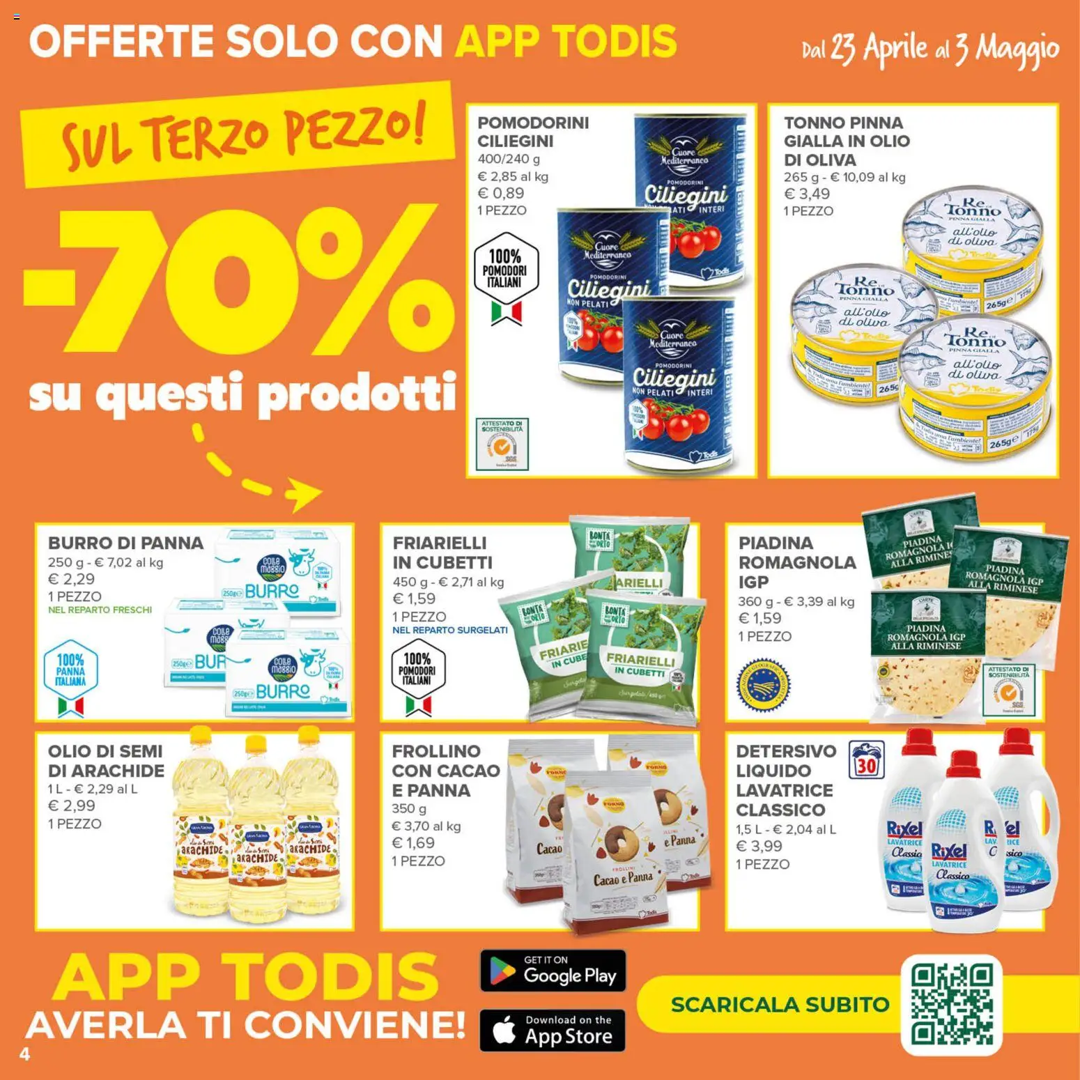 Volantino Todis del 23.04.2026 | Pagina: 4 | Prodotti: Pomodorini, Panna, Olio, Lavatrice