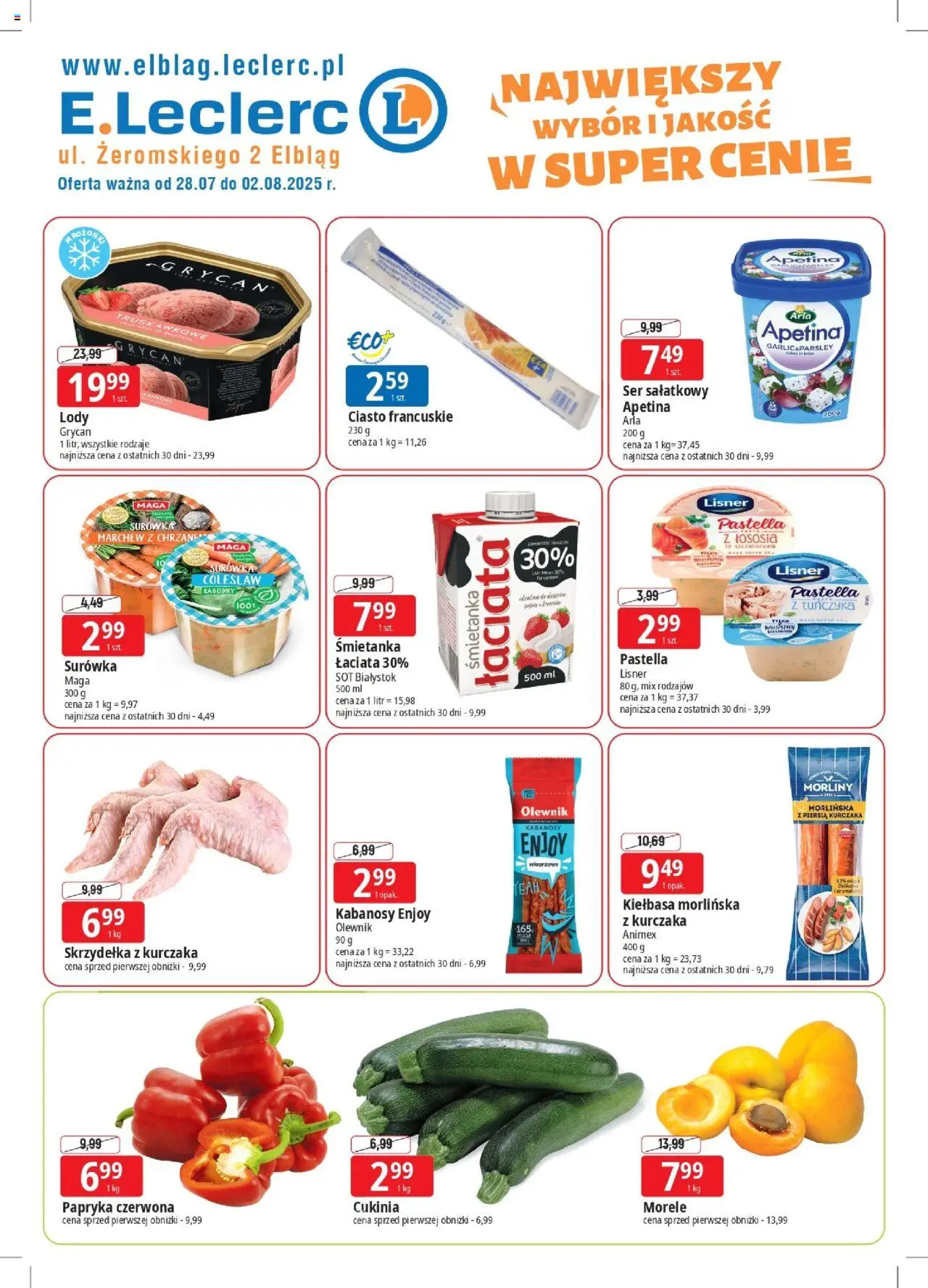 E.Leclerc Gazetka - Elbląg od 28.07.2025 | Strona: 1 | Produkty: Ciasto francuskie, Cukinia, Ser, Papryka czerwona