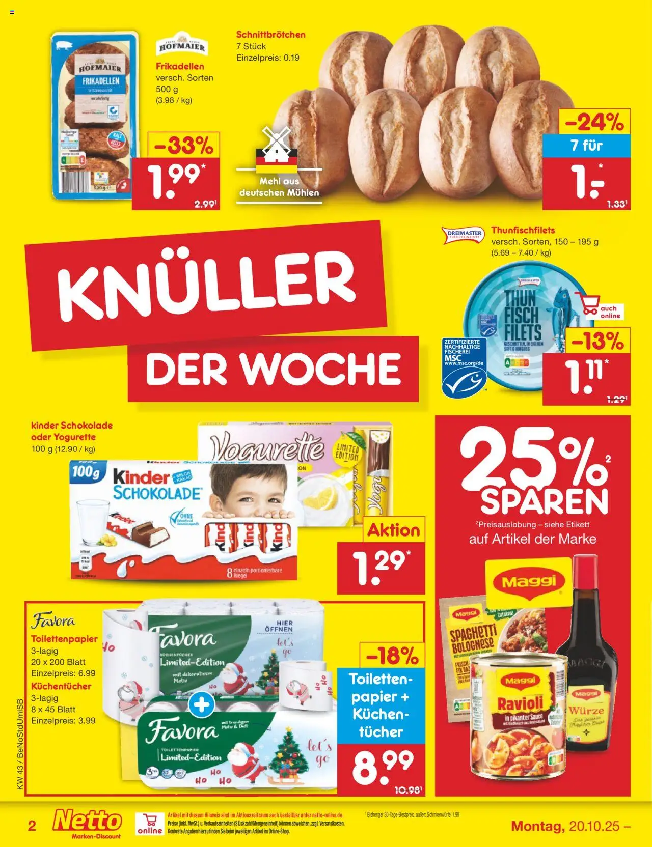 Netto Marken-Discount Prospekt 	 – gültig ab 20.10.2025 | Seite: 2 | Produkte: Kinder schokolade, Mehl, Yogurette, Fisch