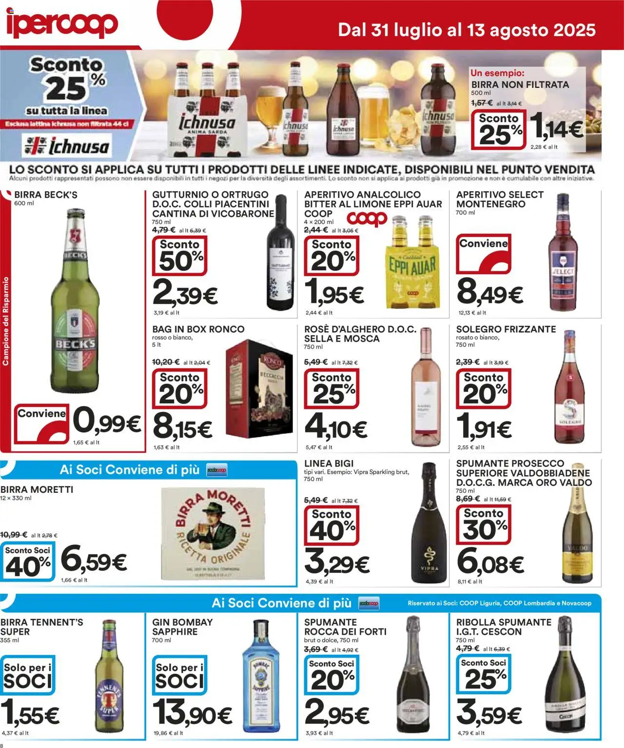 Volantino Ipercoop del 31.07.2025 | Pagina: 8 | Prodotti: Birra, Gin, Prosecco, Aperitivo