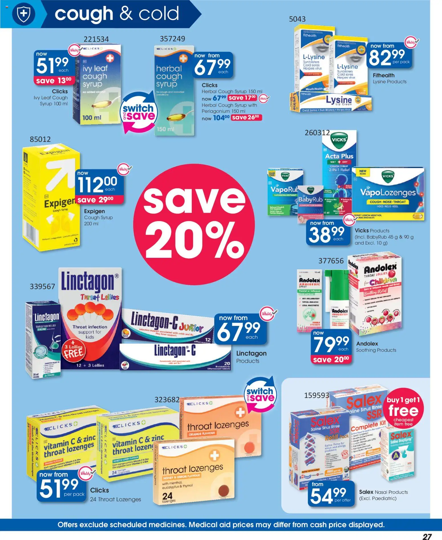 New Clicks catalogue – valid from 23.10.2025 | Page: 27 | Products: Cough syrup, Switch, Lozenges, Peach