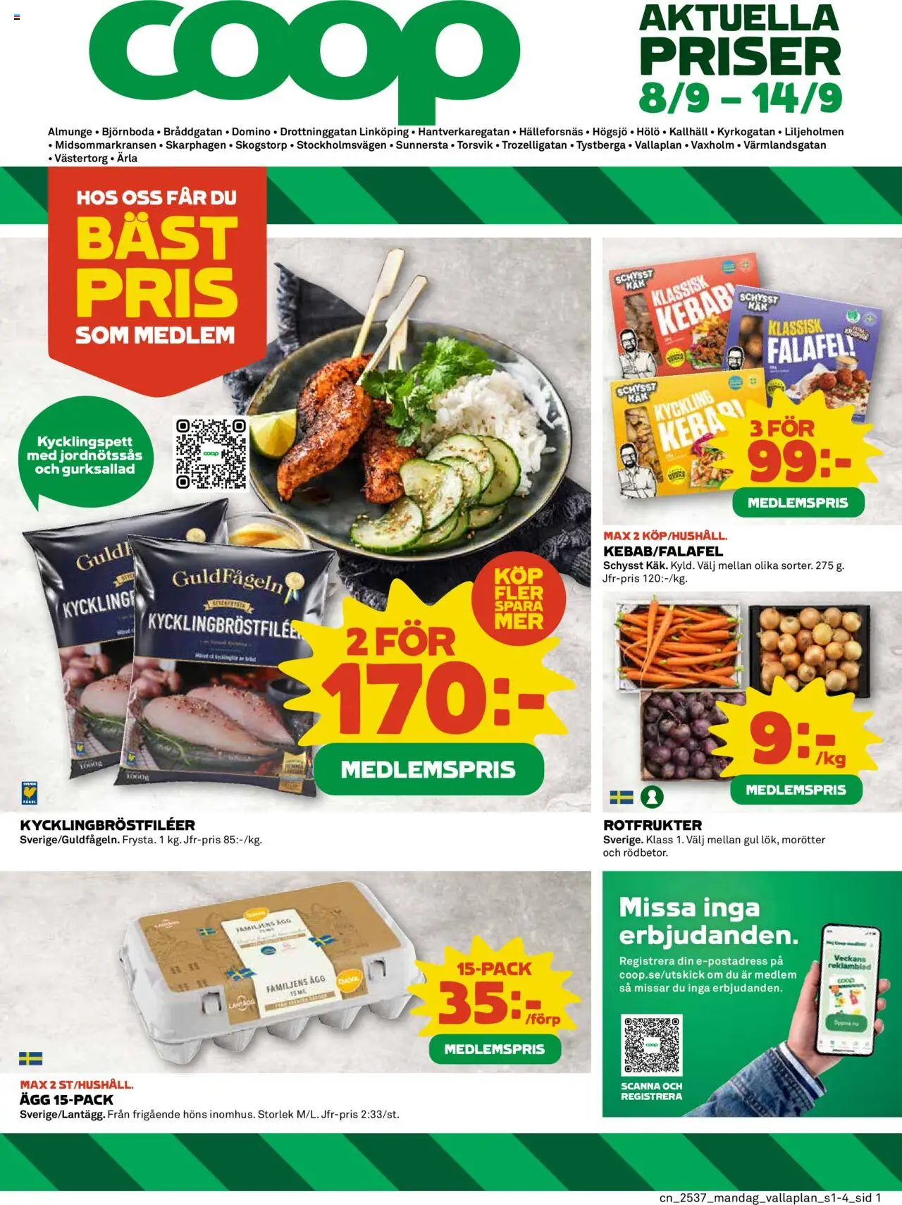 Coop reklamblad aktuell från 08.09.2025 | Sida: 1 | Produkter: Ägg, Falafel