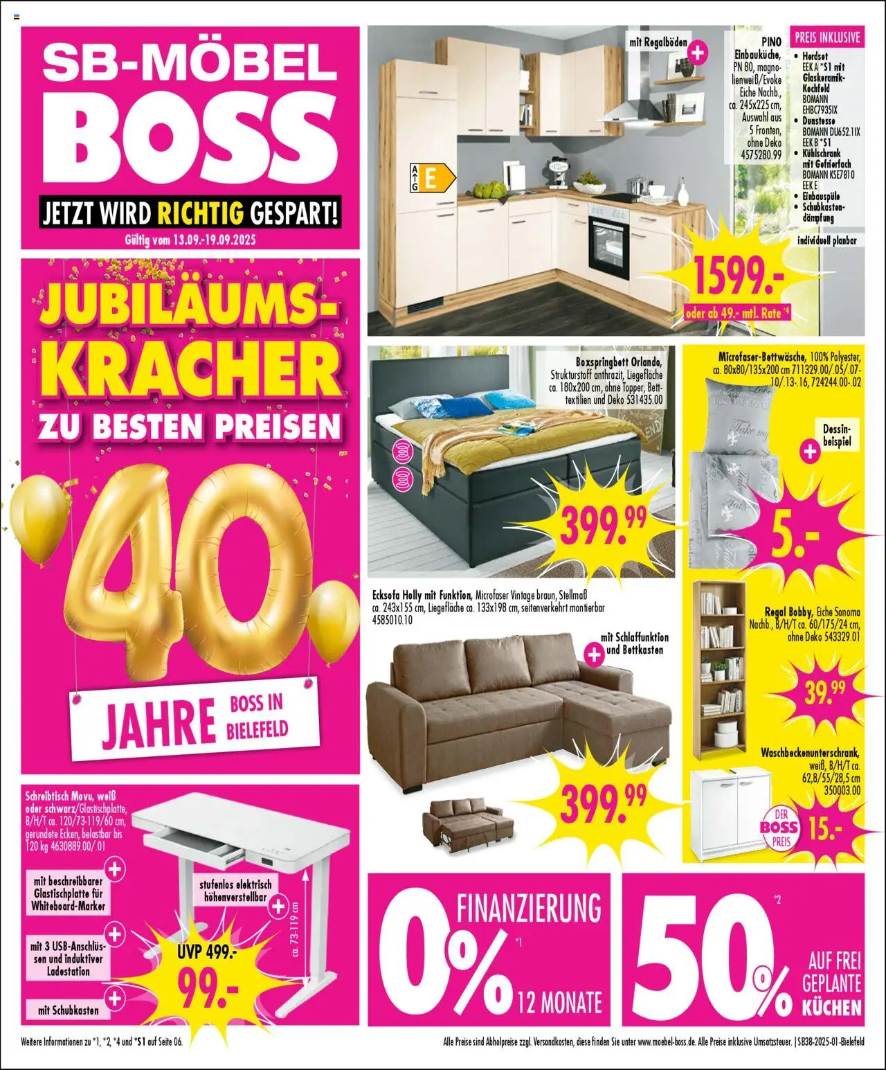 SB Möbel Boss Prospekt Bielefeld	 – gültig ab 13.09.2025 | Seite: 1 | Produkte: Ecksofa, Boxspringbett, Regal, Kochfeld