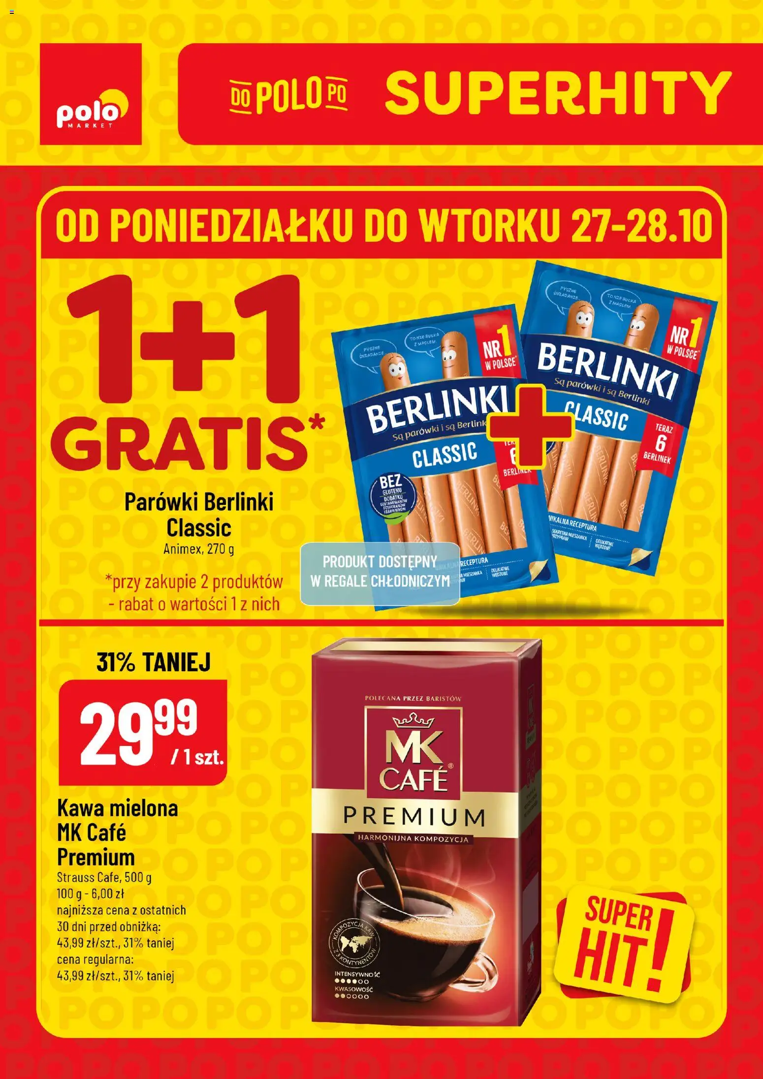 POLOmarket Gazetka - Super Hity od 27.10.2025 | Strona: 1 | Produkty: Parówki berlinki, Parówki, Bułka, Kawa