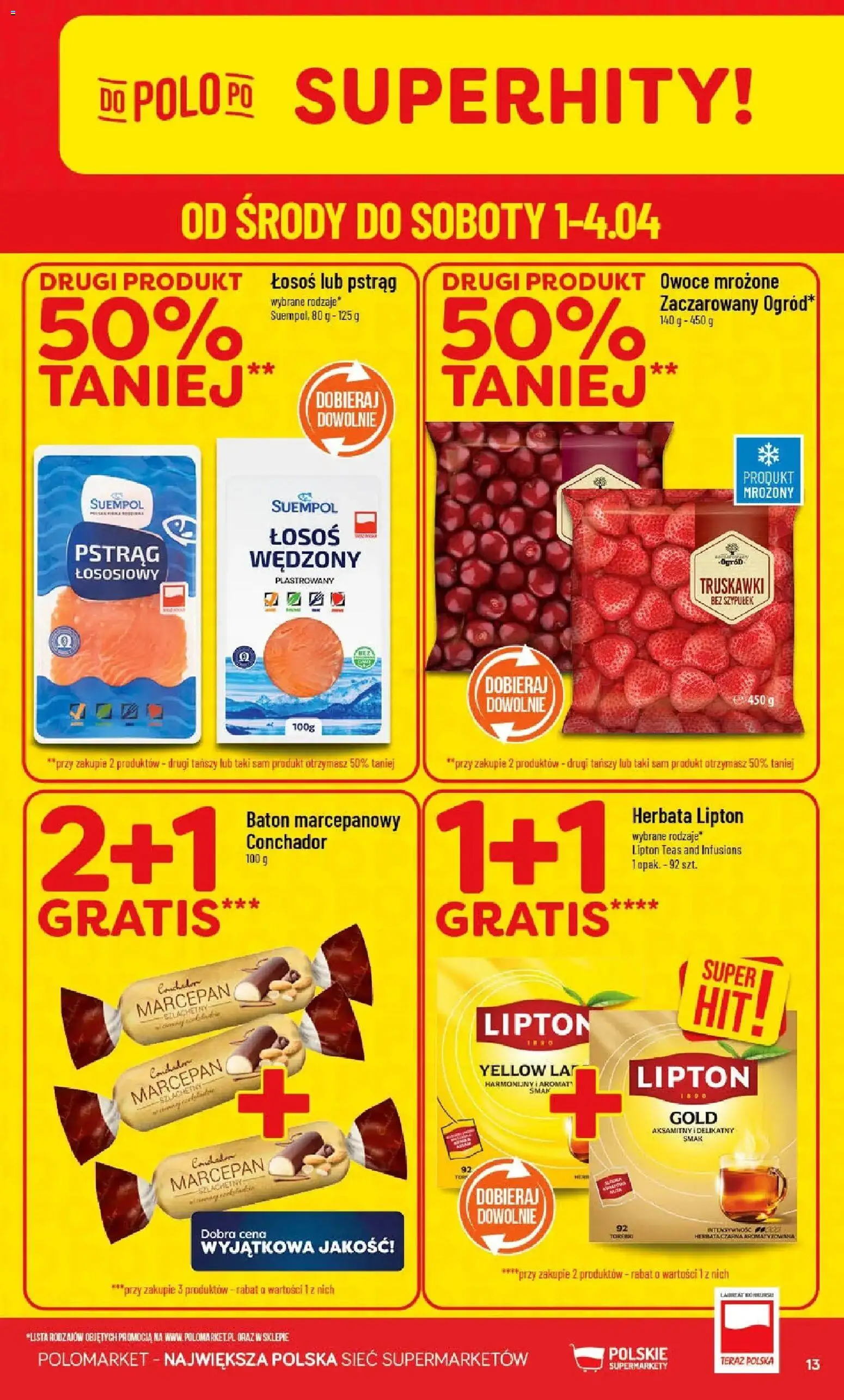 POLOmarket gazetka od 01.04.2026 | Strona: 13 | Produkty: Łosoś, Herbata lipton, Baton, Torebki