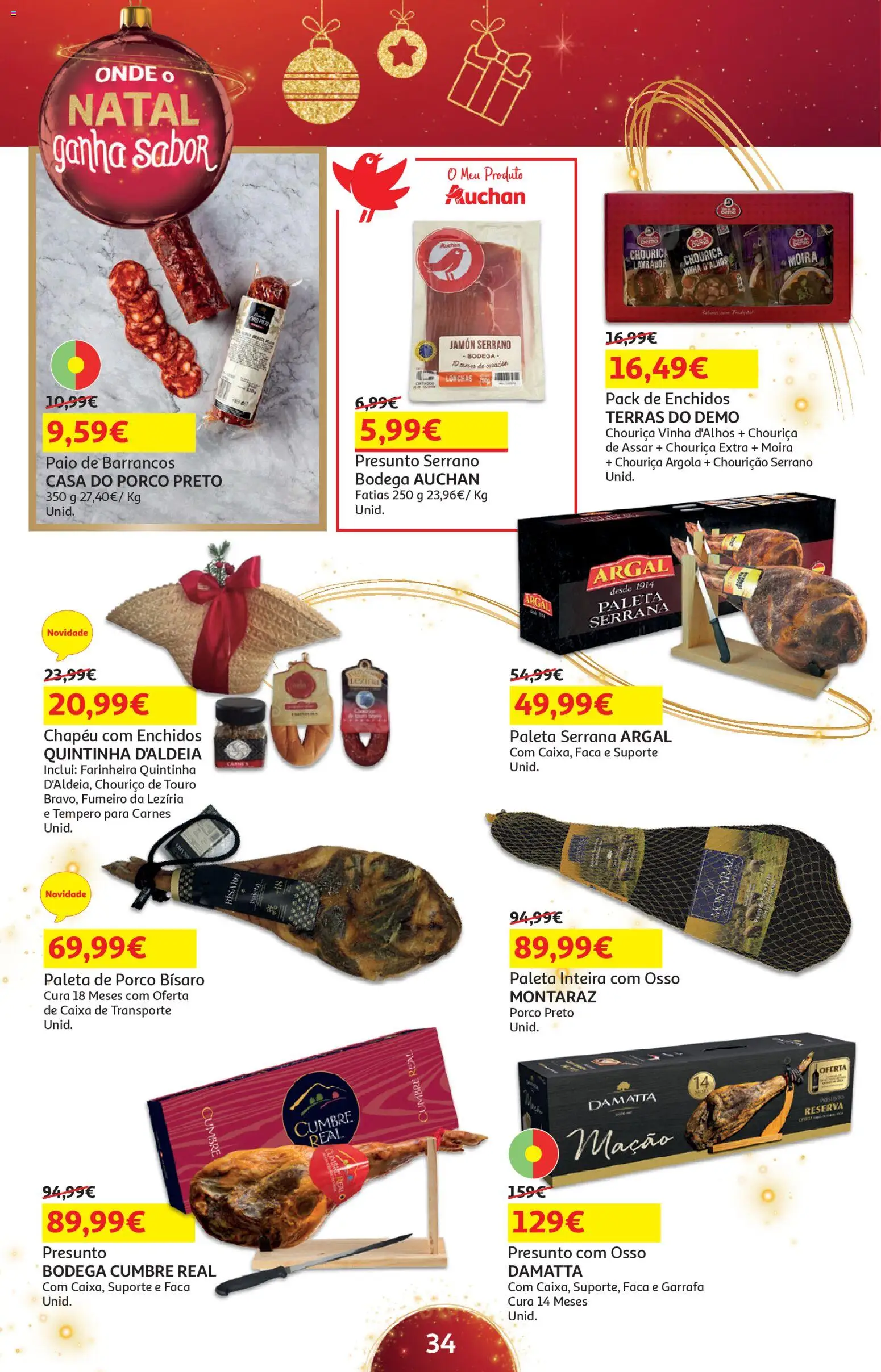 Auchan - Presentes │ válido de 18.11.2025 | Página: 34 | Produtos: Chapéu, Faca, Presunto, Chouriço